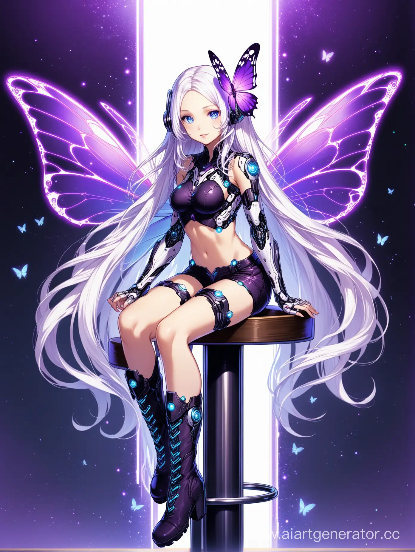 Cyborg girl is a fairy with purple butterfly wings. She has long white curly hair, blue eyes. She's sitting on a bar stool. She is wearing short shorts with lace, a top and high boots.