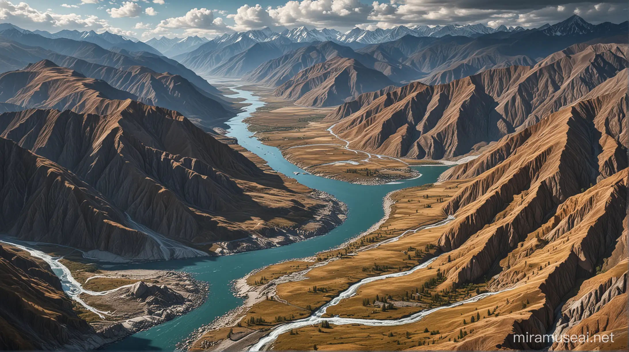 Altai, Altai mountains, Belukha mountain, Katun river, aerial perspective, deep colours, vector illustration, dramatic, hyperrealism, photorealism, cinematic