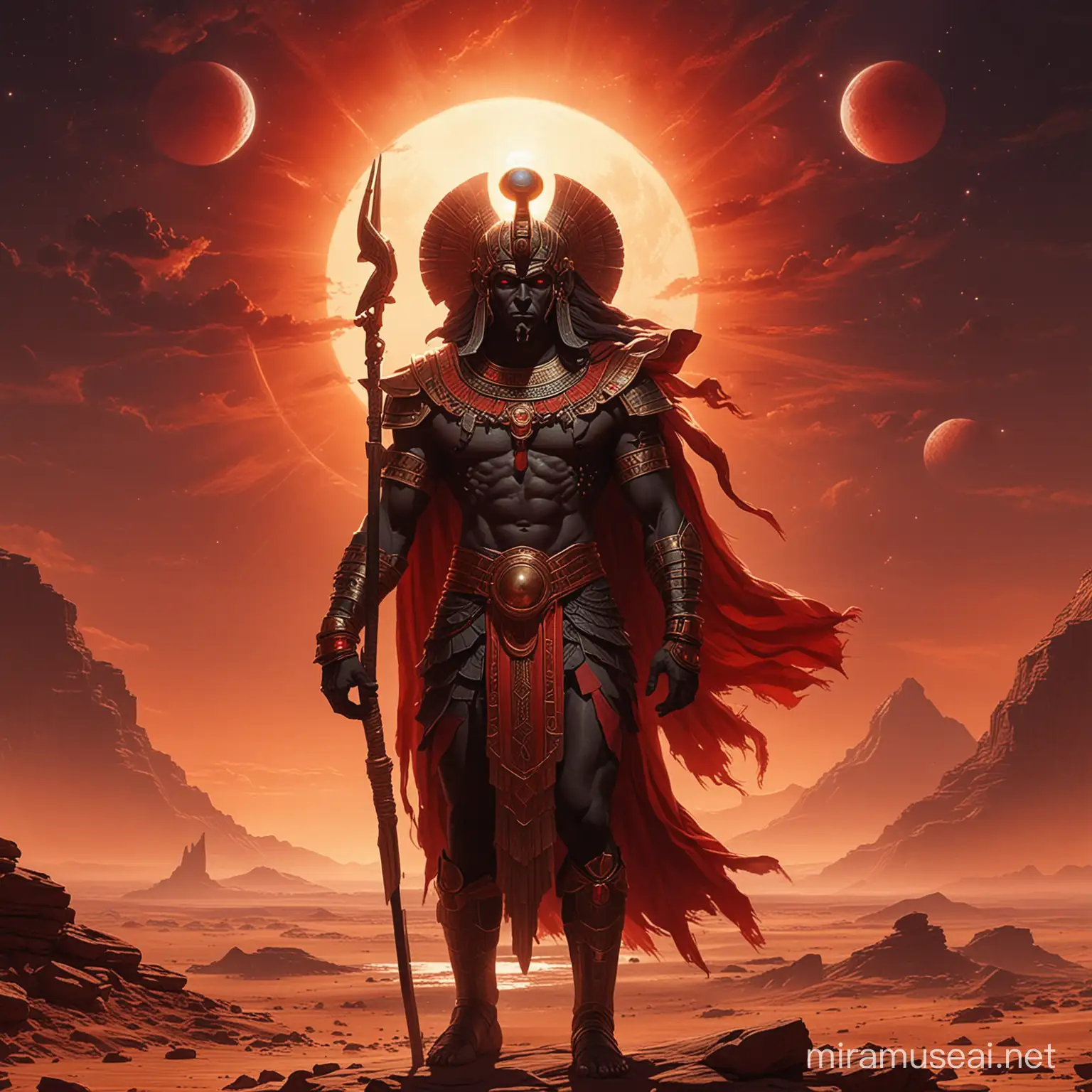 A character of the god osiris , background depicts a crimson moons multiple suns on the horizon, dark colors, daunting, menacing, the background should be in the underworld.