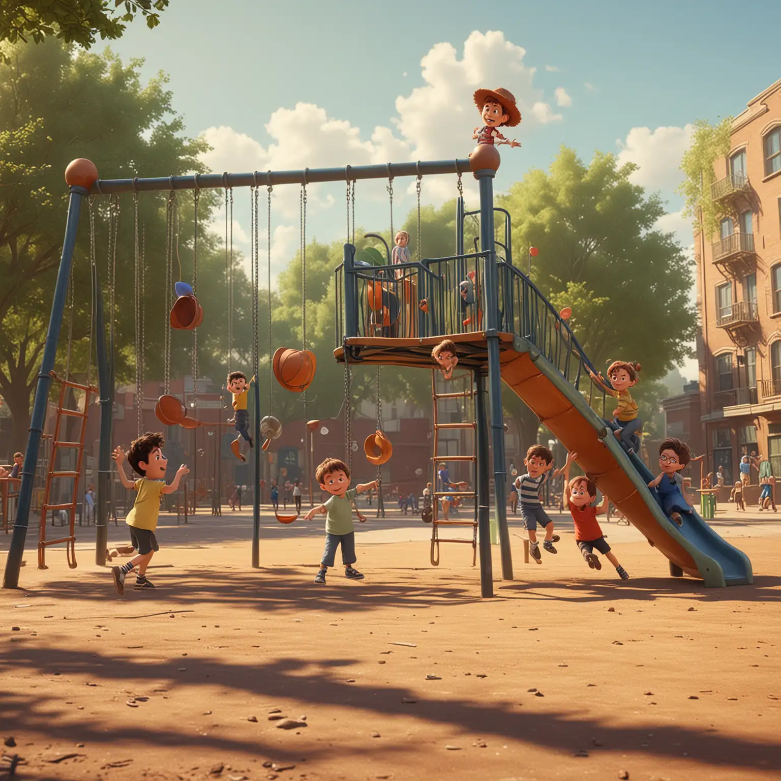 Energetic Children Playing on a Vibrant Playground Pixar Style Fun
