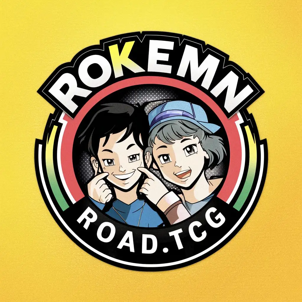 logo, POKEMON, logo, Boy and girl with short hair, Girl at right, pinch boy face, with the text "Road.TCG", typography