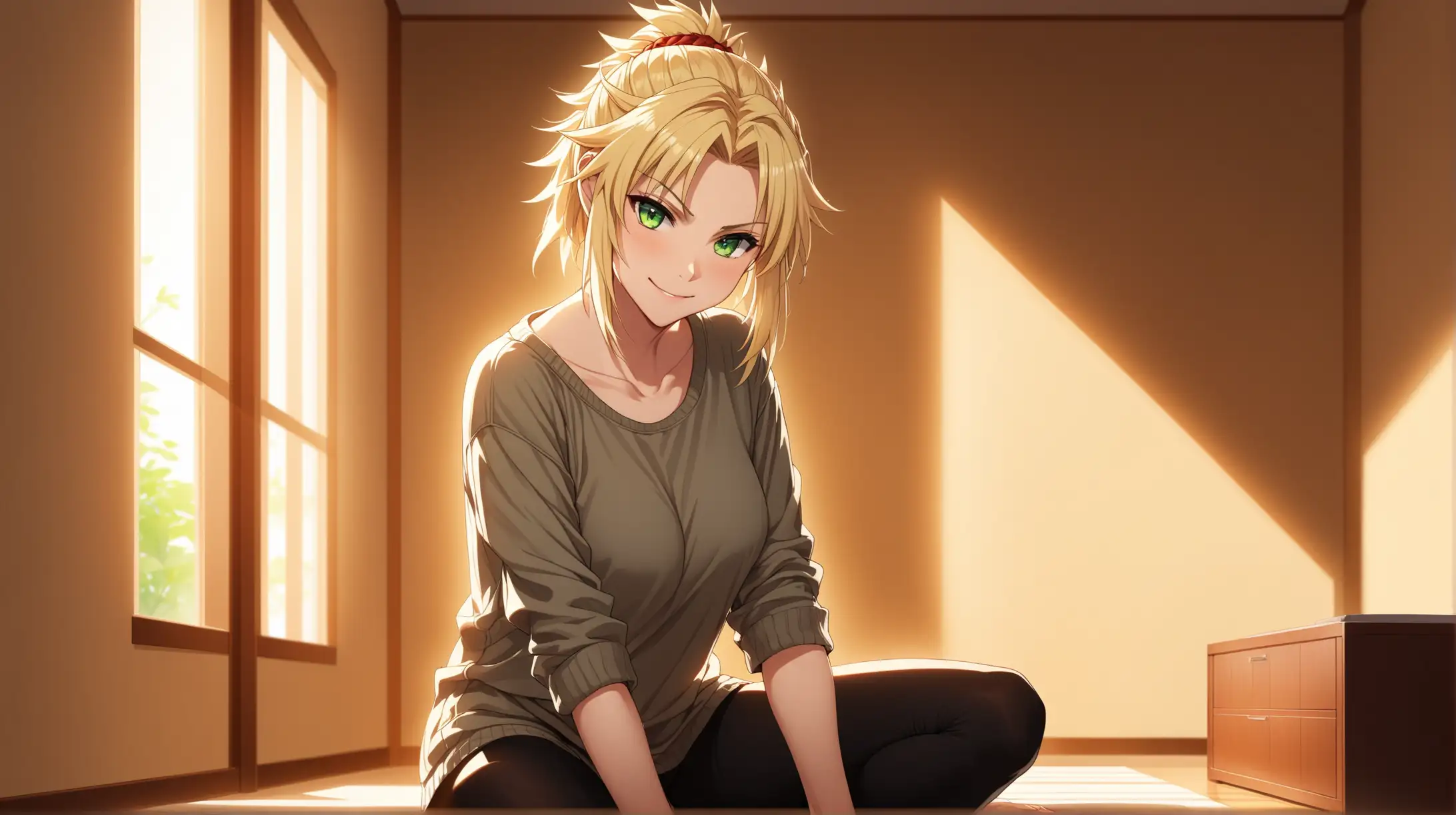 Draw the character Mordred, green eyes, high quality, ambient lighting, long shot, indoors, seductive pose, wearing a casual outfit, smiling at the viewer