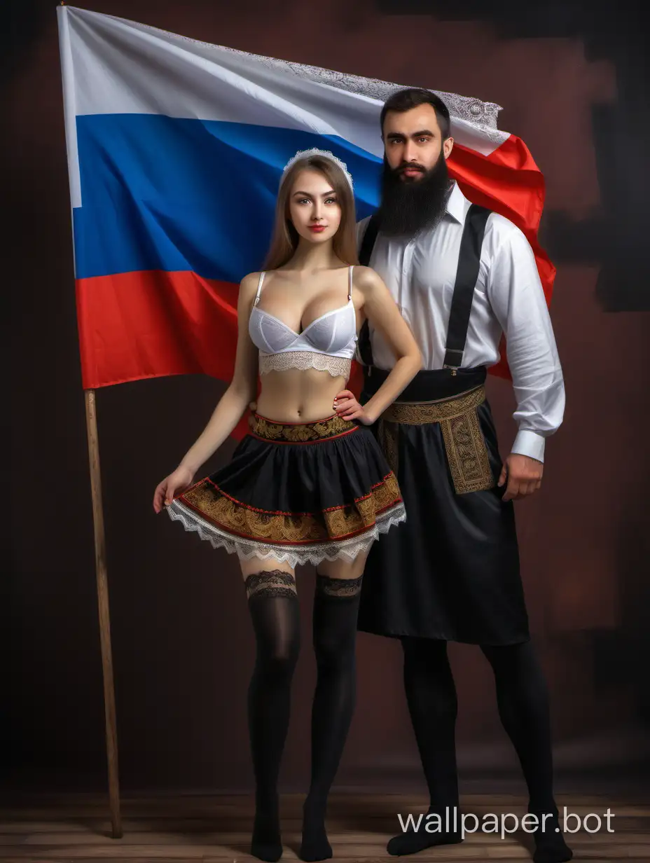Russian beautiful woman, in traditional Russian national costume with a short skirt and lace bra, in black stockings, showing her chest and standing next to an Arab bearded guy. Next to the girl is the flag of Russia. Full-length painting