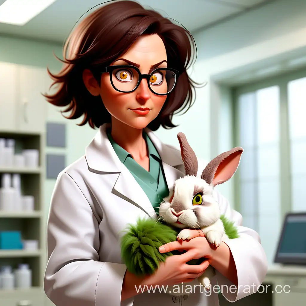Женщина-учёный, лет 40, в белом халате и очках, шатенка с короткой стрижкой и большими карими глазами. Держит на руках кролика с зелёной шёрсткой.
