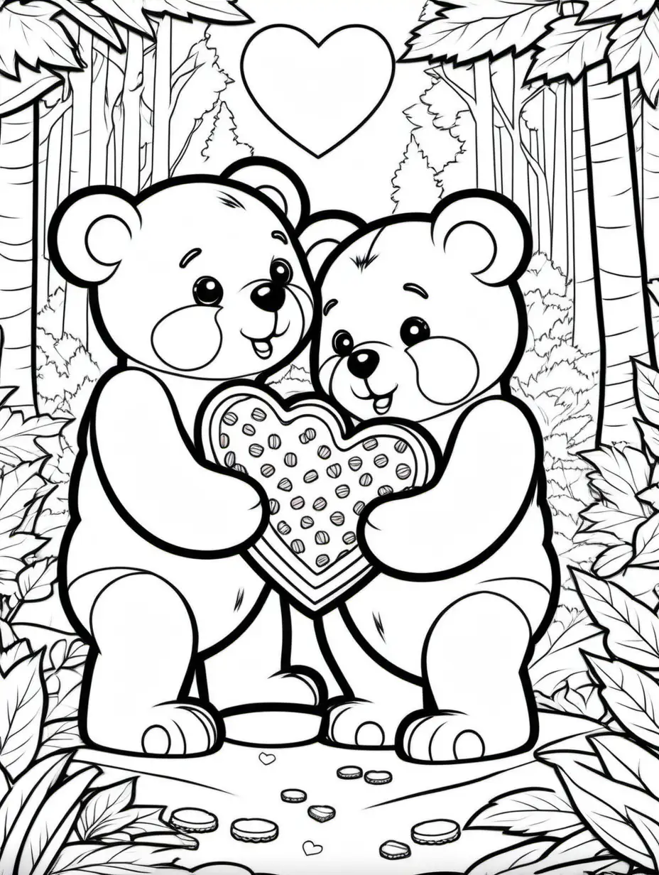 create a coloring page of two cute teddy bears eating heart shaped cookies in a forest setting, black outlines, no shading
