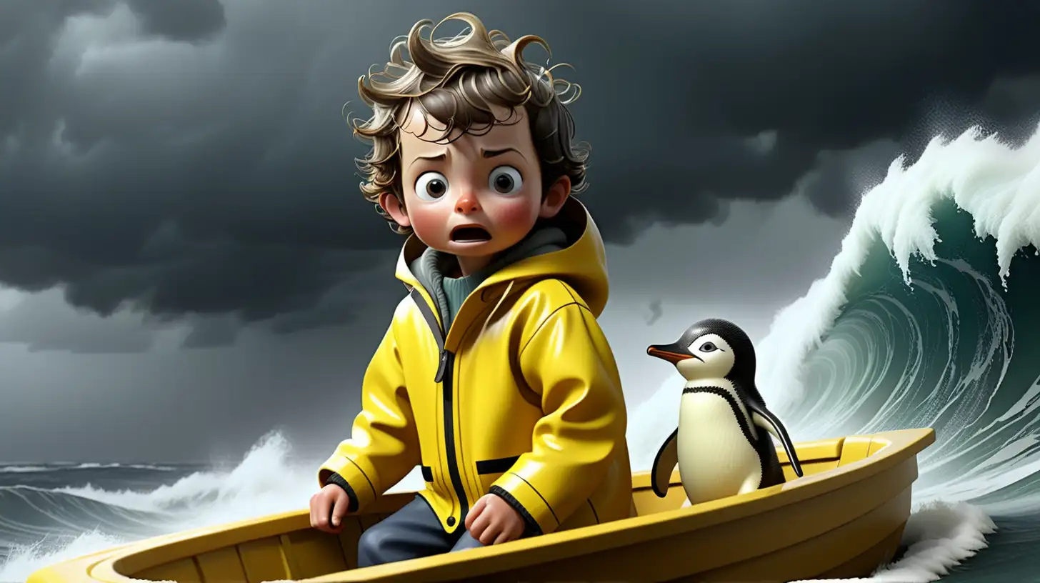 Large, tumultuous waves crash around the rowboat as the little boy and the small penguin, in yellow raincoats, navigate through the storm with resilience and courage.