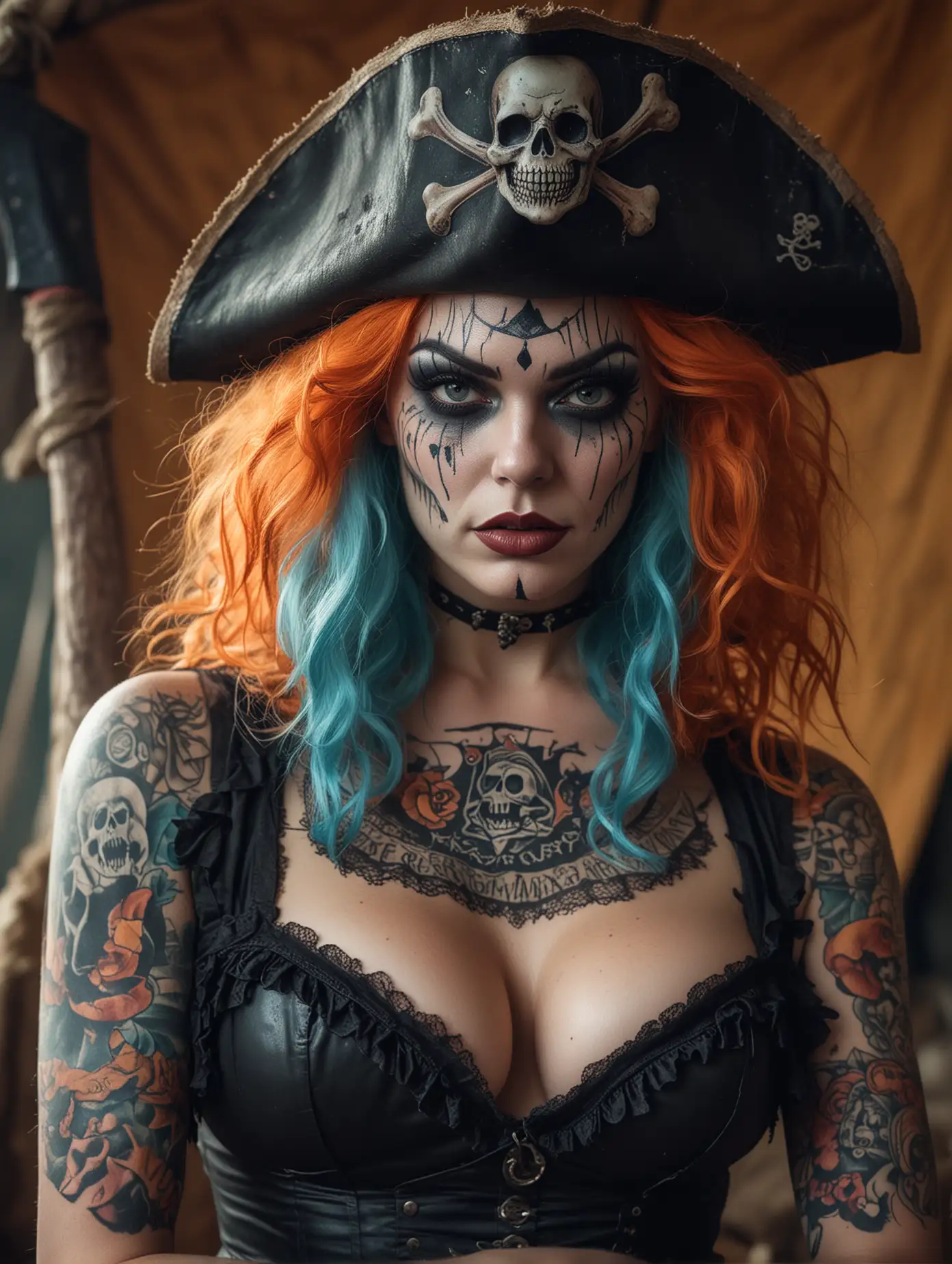 close up upper body portrait, highly detailed, sinister, macabre, circus clown, in the style of a 1960's horror movie, eerie symbolism, sinister dark atmosphere, light cyan and orange palette, close up portraiture, well built, busty female with long curly purple hair, wearing a pirate themed outfit, pirate hat, covered in tattoos, sitting on a hay bale, holding a bloody axe, inside a circus tent, nature-inspired pieces, circus costumes, ultra details