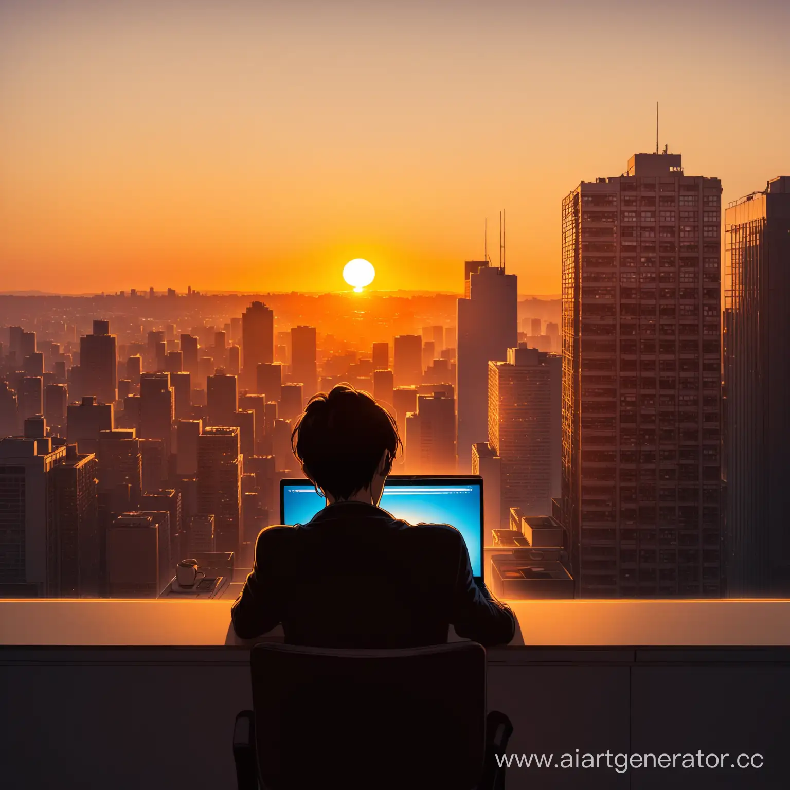 Person-Working-on-Laptop-with-City-Sunset-Background