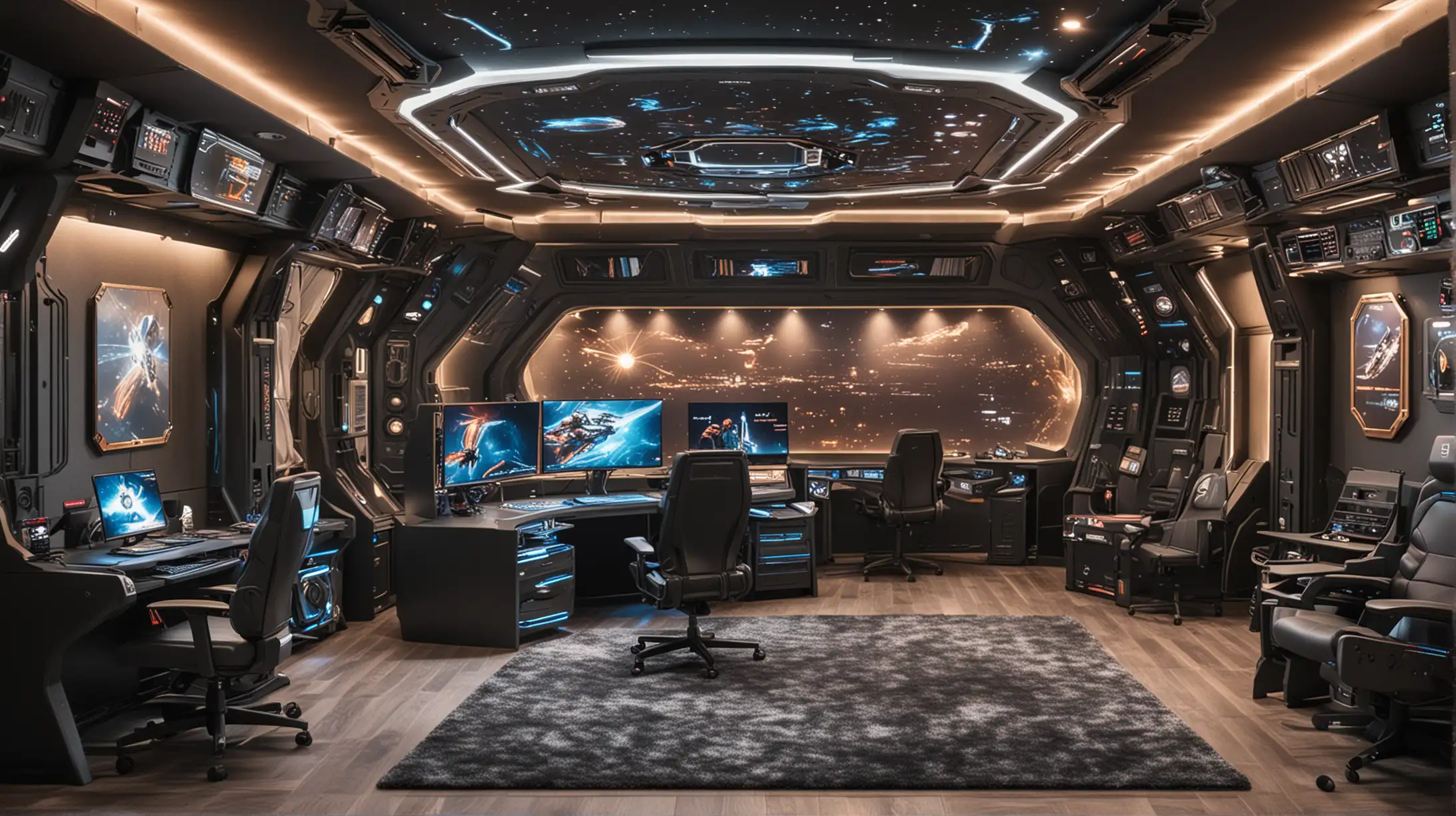Elaborate spaceship interior-like gaming computer desk setup and playroom design