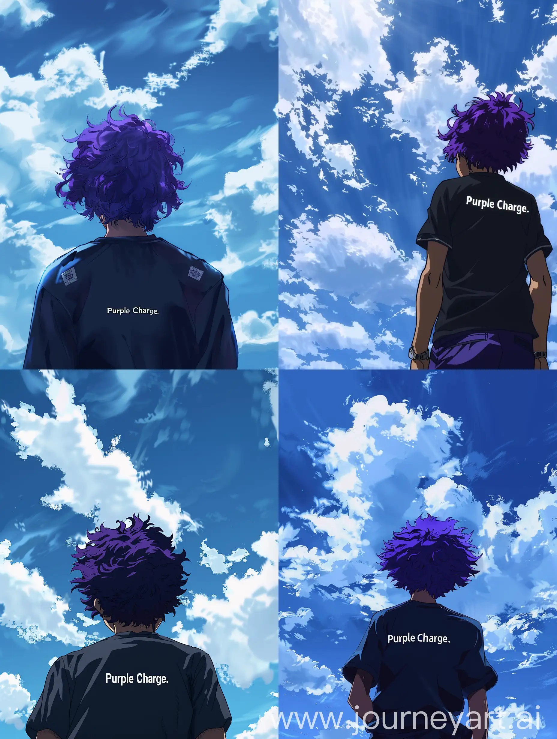 Denki Kaminari from the anime My Hero Academia, but his hair is purple.  All that is shown in the picture is the upper half of Kaminari's body from behind, meaning only his back.  His dark purple hair is also visible.  Neither his limbs nor his face are visible, and on his black shirt on the back is written “Purple Charge.”  Blue sky, white clouds.