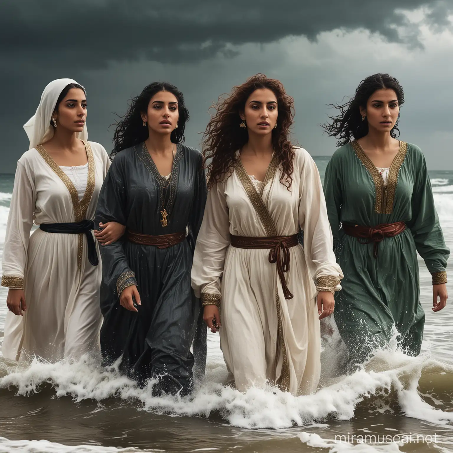 5 Femmes de type arabe toute 
habillées en tenue européenne  sortant d'une mer déchaînée avec un regard déterminée fière et doux à la fois