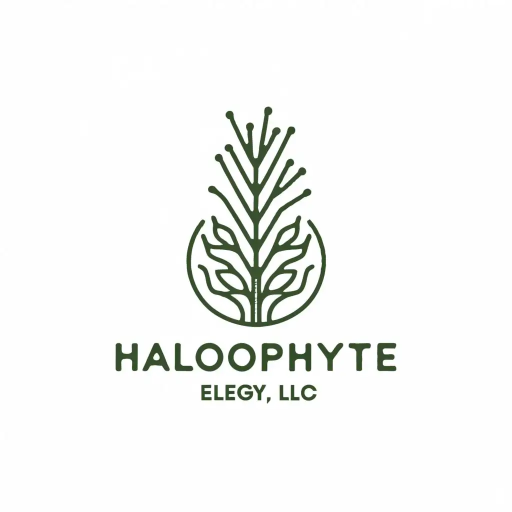 a logo design,with the text "halophyte elegy, llc ", main symbol:Emerging from Beyond the Horizon of the Salt Coast, A Legacy Etched In Salt, Whispers in the Brine, Parent of Slime, Child of Bone, Elegance Beyond Perception, Beyond Word, Beyond Meaning, Into Shattered Elegance, It requires no fanfare, no grandeur, for its existence is a poem written in the quiet language of adaptation/the land. Its roots, like fingers of an ancient sage, delve deep into the earth, seeking sustenance in the unforgiving embrace of the salty waters., An Austere Beauty, A Stark Contrast to Lushness, a whisper of the relentless sun, the salt-laden winds, try invoking the churning depths, the salt-swept sky, the bitter reeds!, charred elegance springs anew, elegance beyond the stone's embrace, tangled in the bitter reeds, a whisper emerges, specialized in unseen ventures, carrying seeds, minerals, and bits of fluff, forged in the barony of the tinkerer, brazen as a diesel, Our large, silken pyramid isn't an extravagance; it's a necessity,Minimalistic,clear background