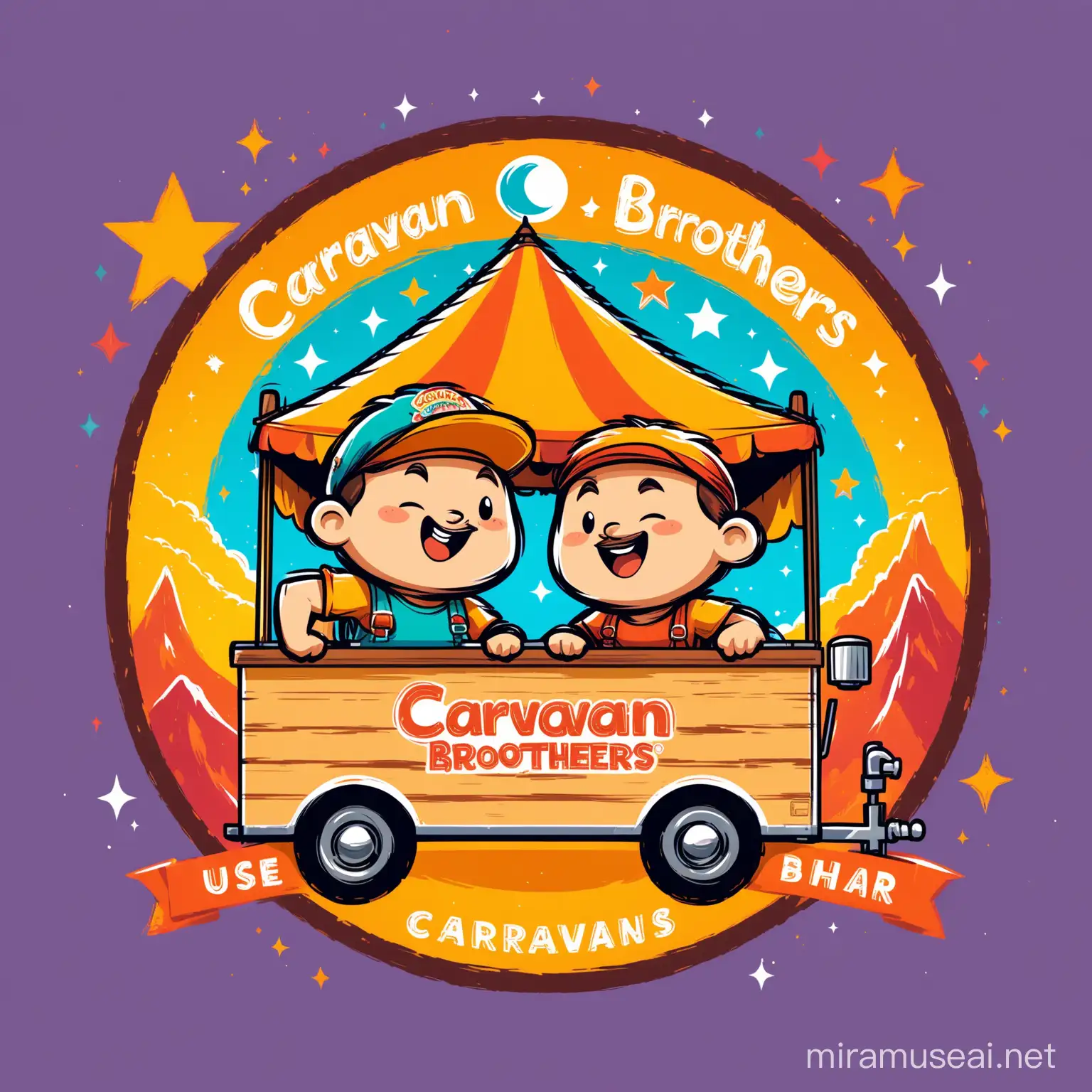 Create a logo with two cartoon characters representing the two brothers inside a trailer. Use bright colors and playful details to capture the audience's attention and communicate the theme of the adventure. In the logo put the word "Caravan Brothers"