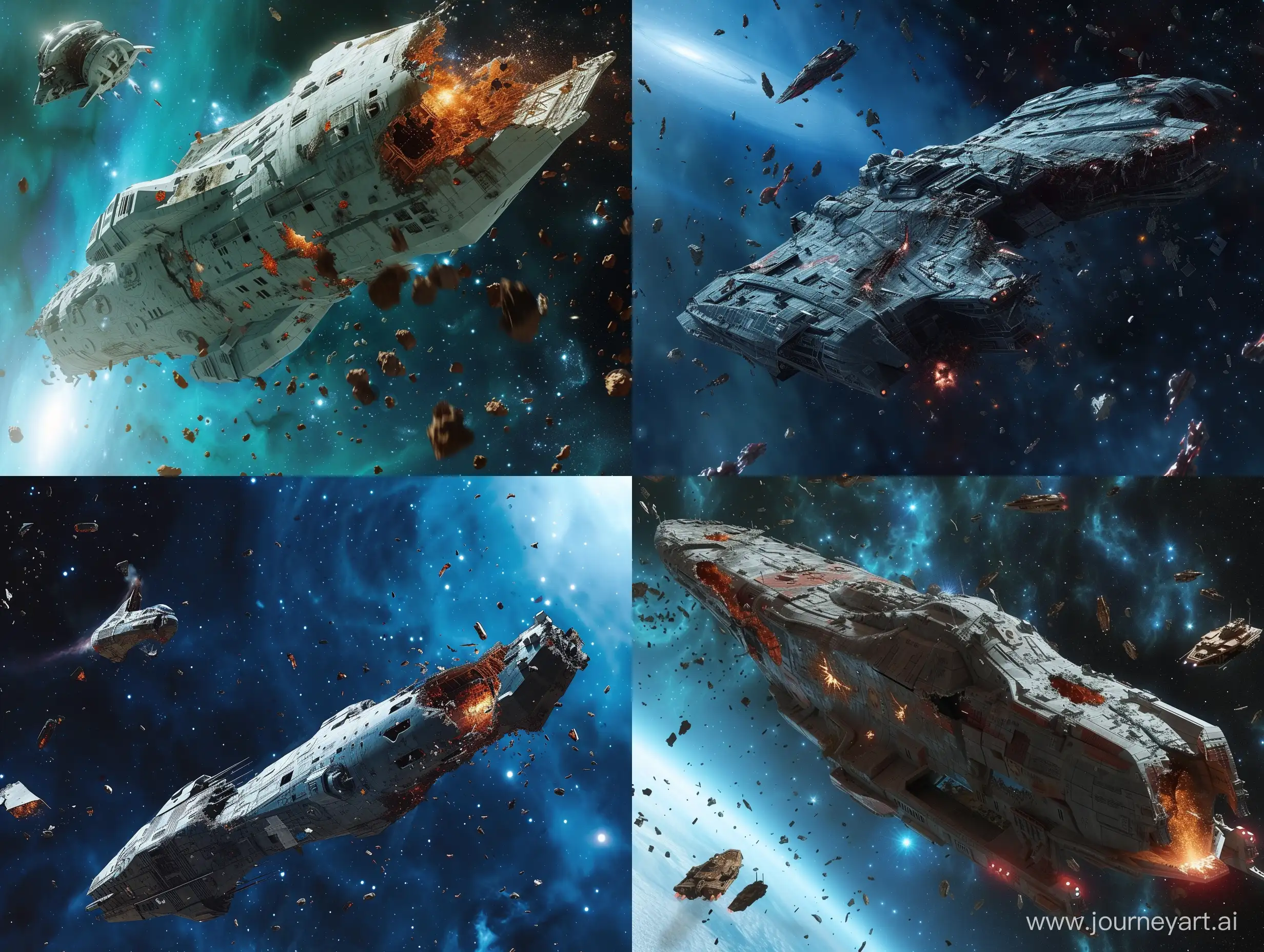 Dramatic-Space-Battleship-Debris-Against-Dark-Blue-Pulsar-4K-SciFi-Wallpaper