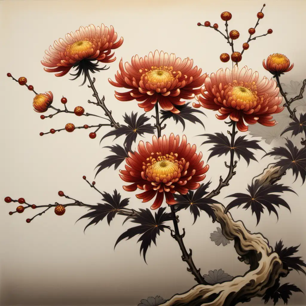 japanese style painting of light red and gold blooming chyrsanthemum flowers sitting on a branch