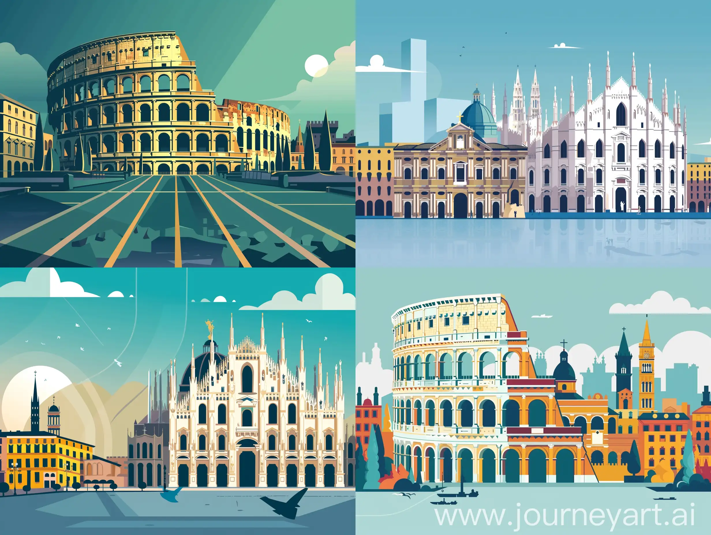 minimalism, flat style,Italy, the Colosseum，Milan Cathedral，scenario,