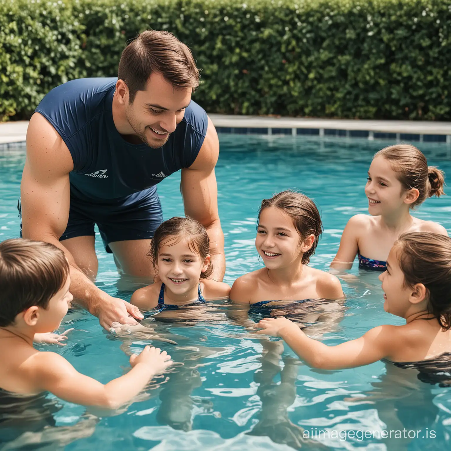 children in a pool with male trainer
