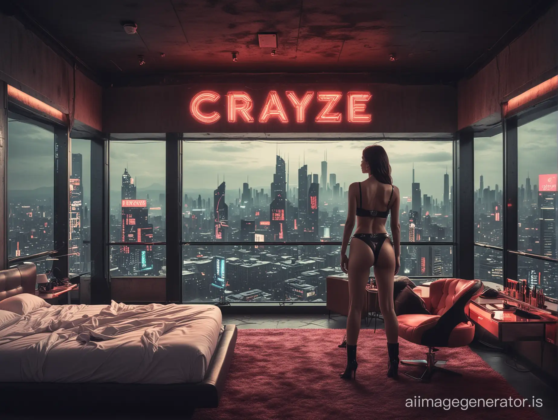 Beautiful escort hookers in futuristic hotel room overlooking dystopian cityscape with massive neon sign branding of CRAYZE logo