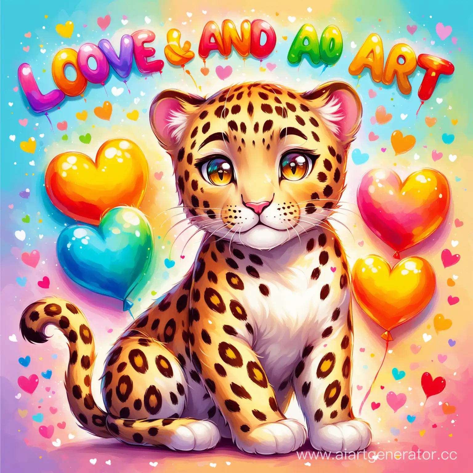 масляная живопись, милый леопард, разноцветный фон, на фоне надпись "love and art"