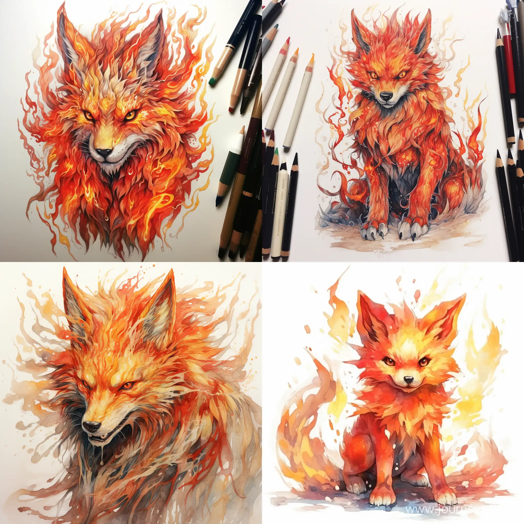 An anime fire animal monster, watercolor