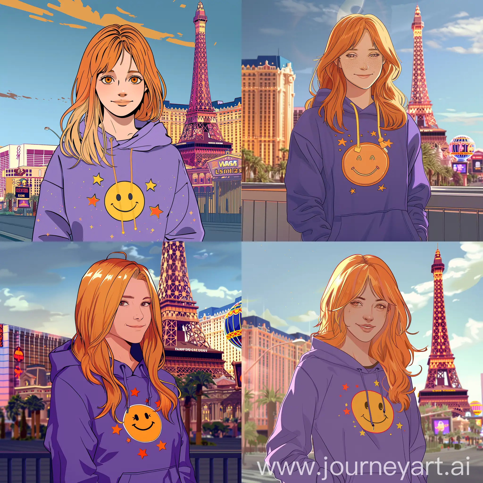 In the style of a saturday afternoon anime; hand drawn animated style. A young attractive 25 year old cute woman, long shoulder length hair that is very blonde on top and fades to light orange at the tips. She is wearing a purple hoodie with a yellow smiley face embroidered on it and orange stars. She is standing on the Los Vegas Strip, in the background you can see a large red casino, and the fake Ifle tower.