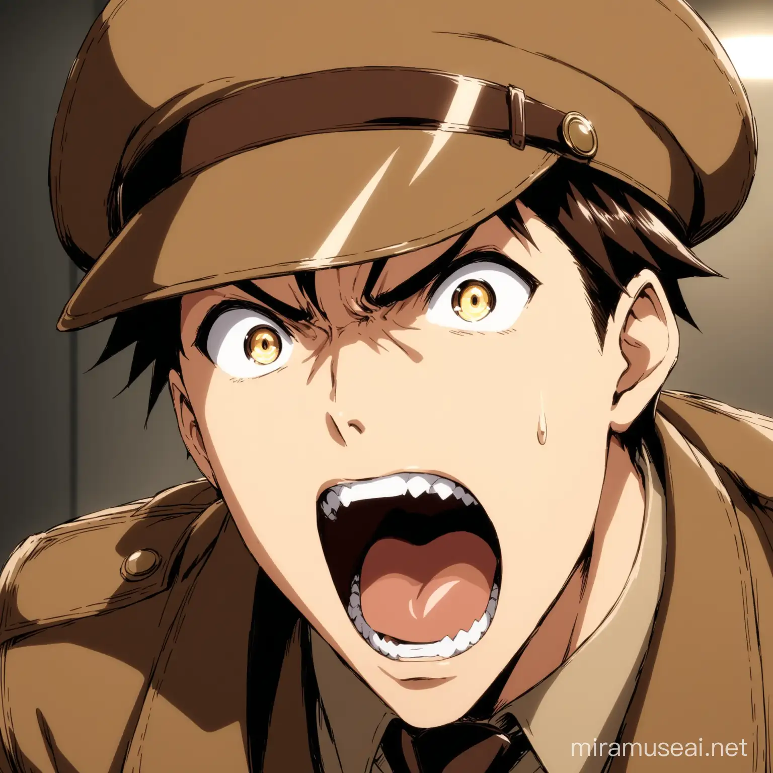 An image of an anime male character's mouth screaming loudly wearing brown detective clothes