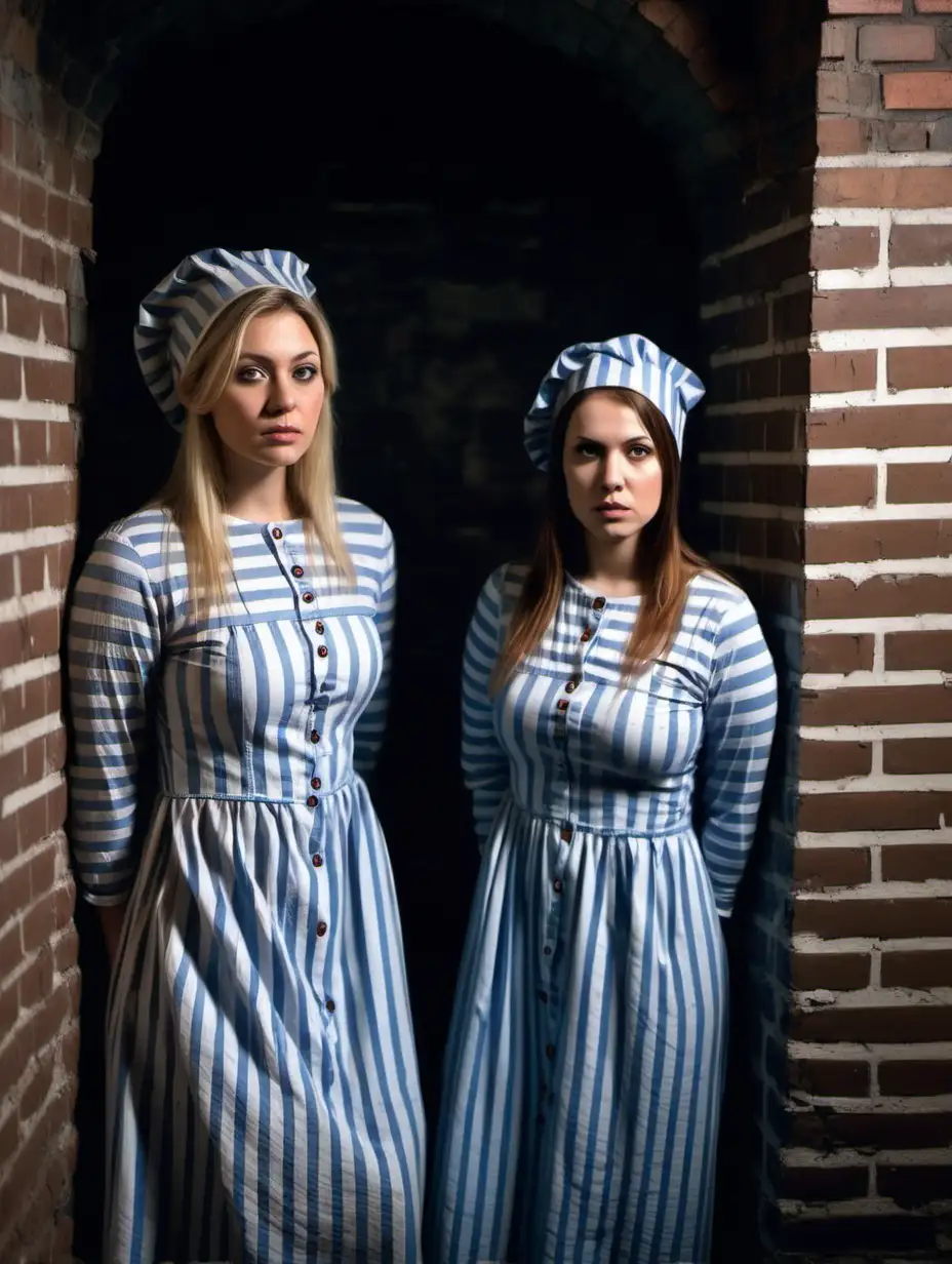 Two busty prisoner woman (30 years old, same dress) stand (far from each other)in a dungeoncell (brick walls, small window) in dirty ragged blue-white vertical striped longsleeve midi-length buttoned gowndress(smallshortbonnet , collarless, roundneck, sad and desperate), look into camera, warm colors 