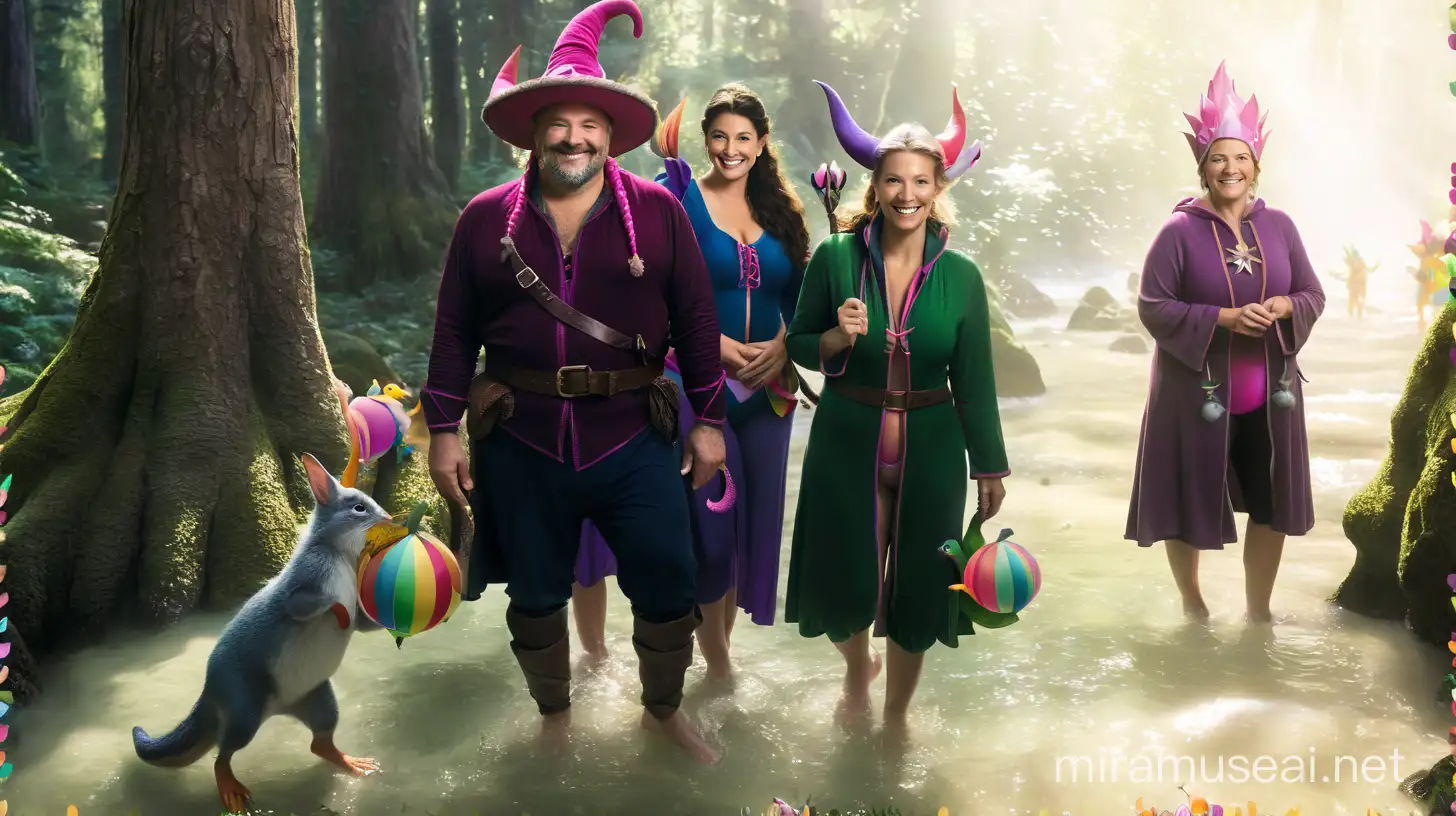  In an enchanting forrest, all very colourful and detailed, these smiling women anatomically correct, in pink swimmingwear, surrounded by little fairytail dwarfs,