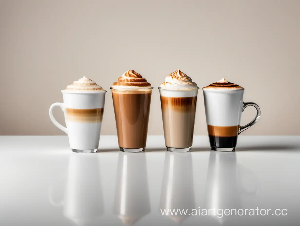 Чашки кофе; капучино, латте, раф и эспрессо стоят в ряд на светлом фоне

