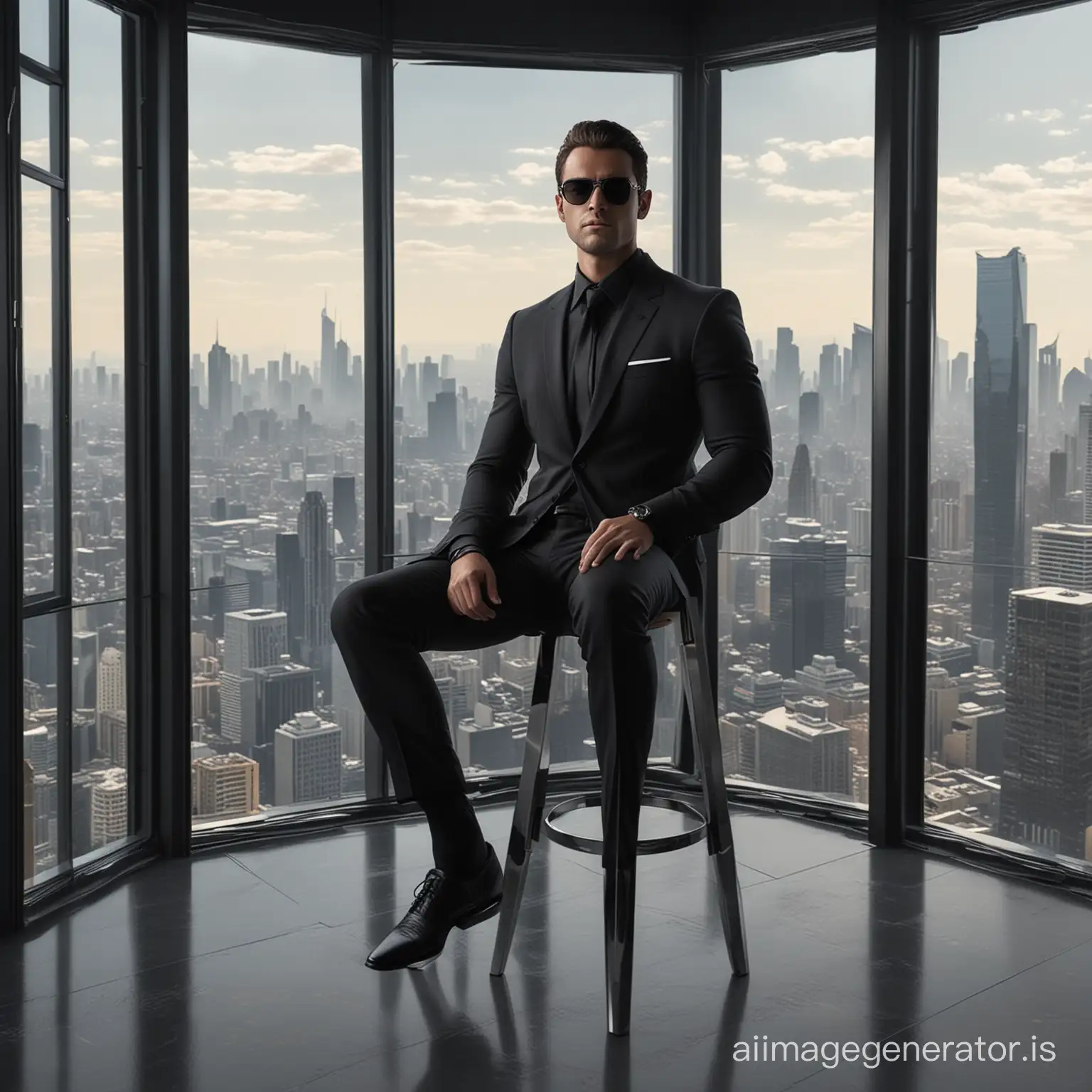 The avatar depicts a stylishly dressed man in a black shirt and suit, with dark glasses, sitting on a high stool. He is in a loft-style room with panoramic windows, located in a skyscraper. The background of the room may be decorated in a modern minimalist style, with an emphasis on glass surfaces and metallic elements.