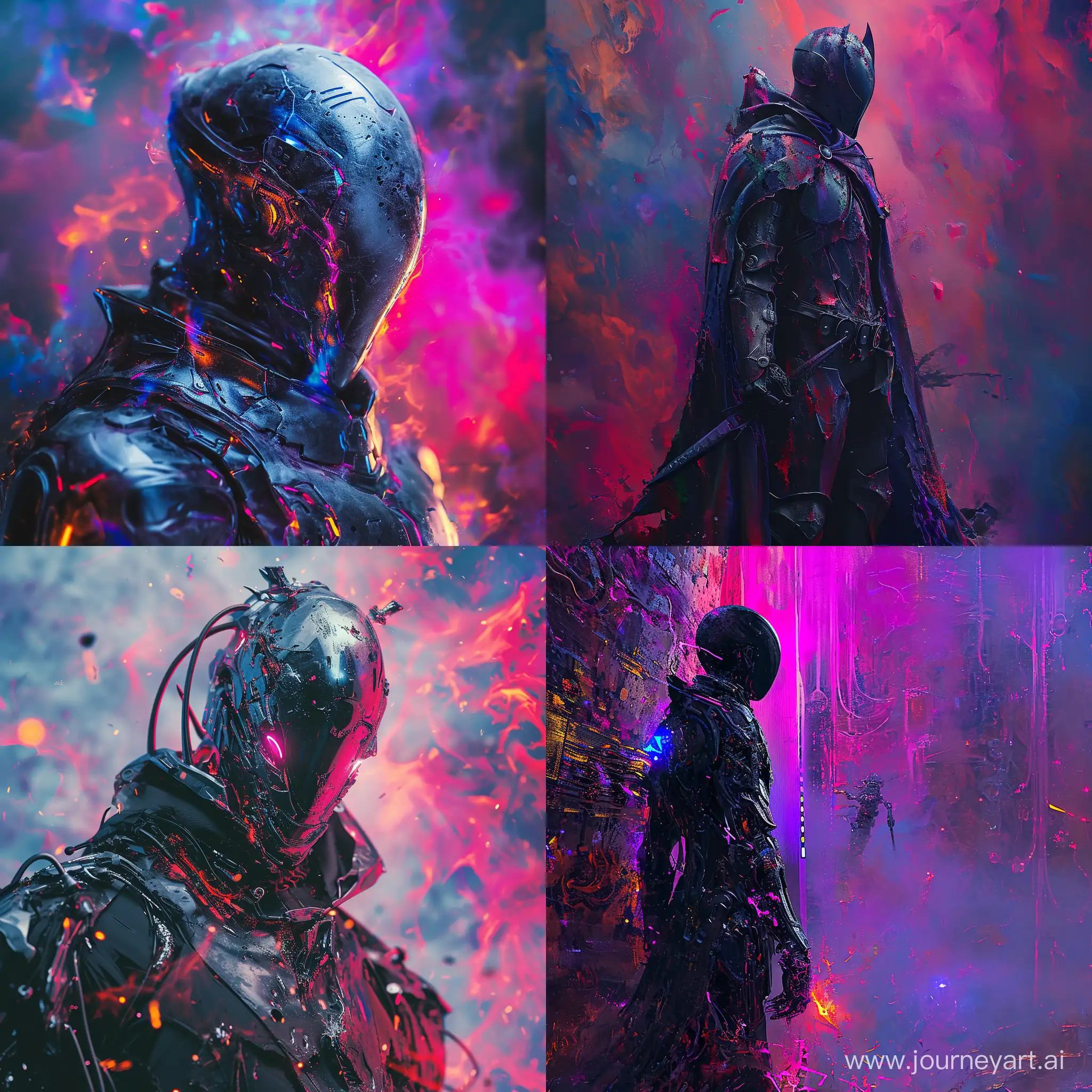 8K, V-Ray, Full length portrait, a cybernetic black knight in unusual fantasy armor, in cyberpunk style, ::1.1, on the background explosion of colors