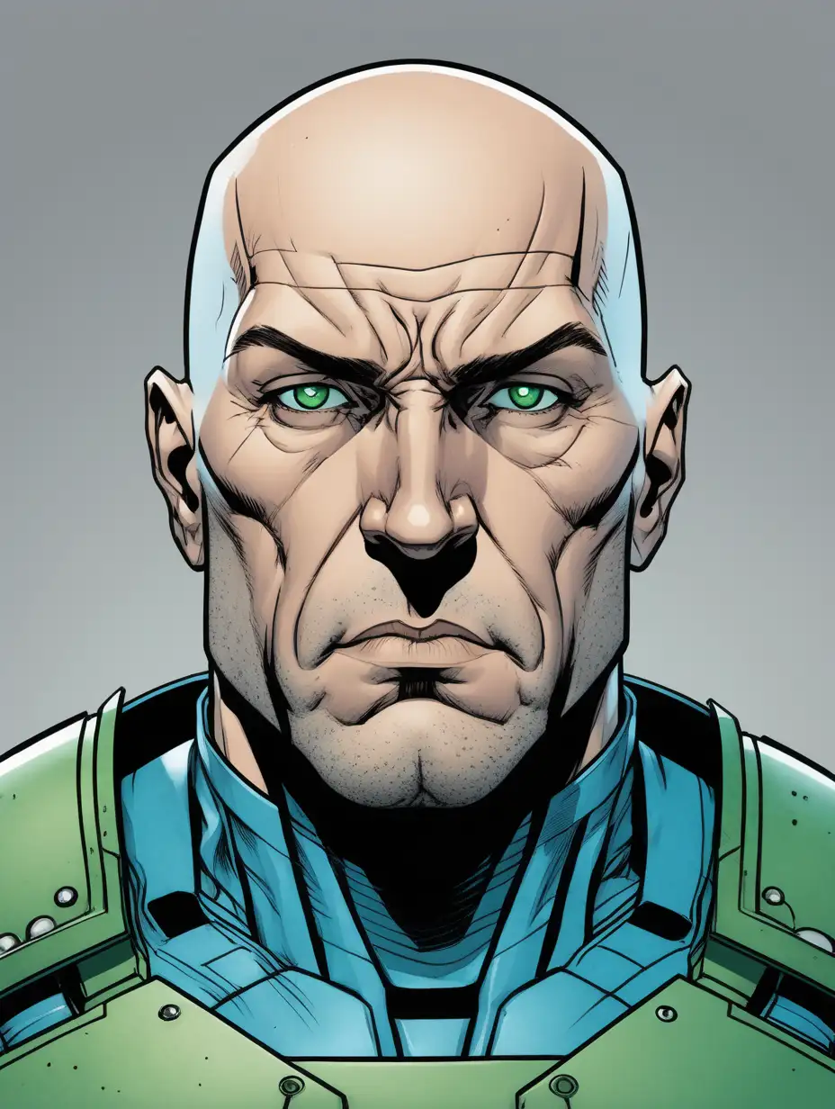 inked comic book art style, close up portrait of broad shouldered, bald white man in his late fifties with green eyes. He has an intimidating, angular face. He is wearing ocean blue power armor covering his torso. Grey background.