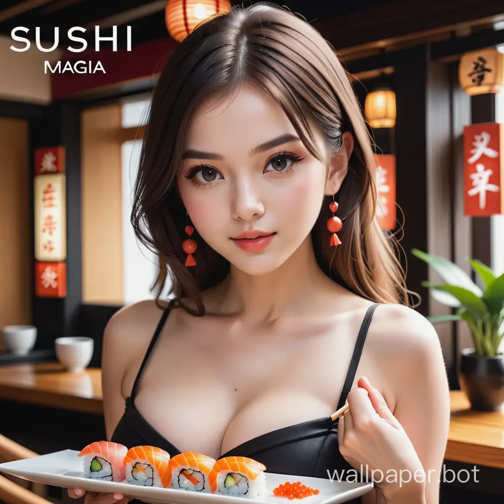 красивая девушка , надпись Sushi Magia