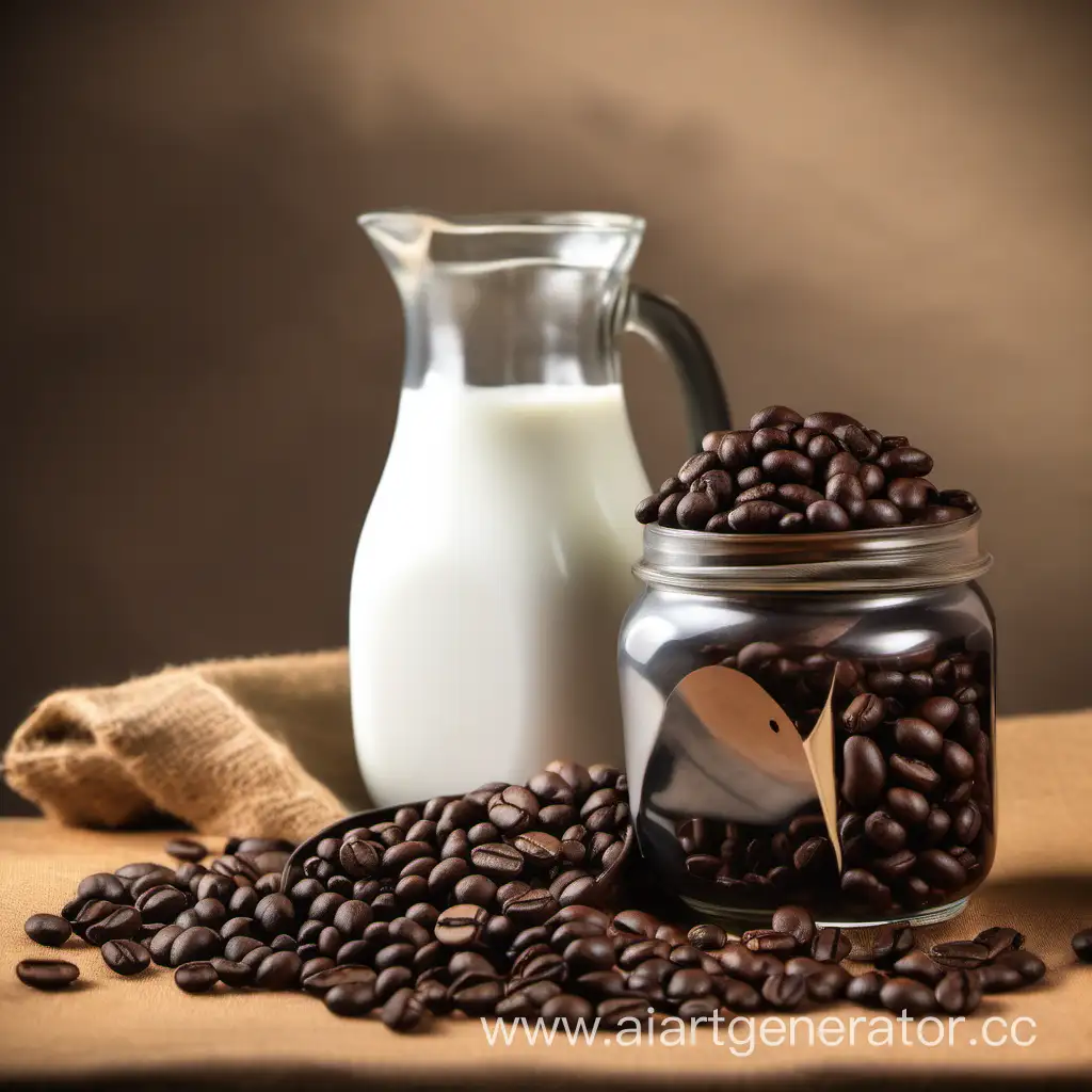 Roasted-Coffee-Beans-and-Milk-Jar-on-Table