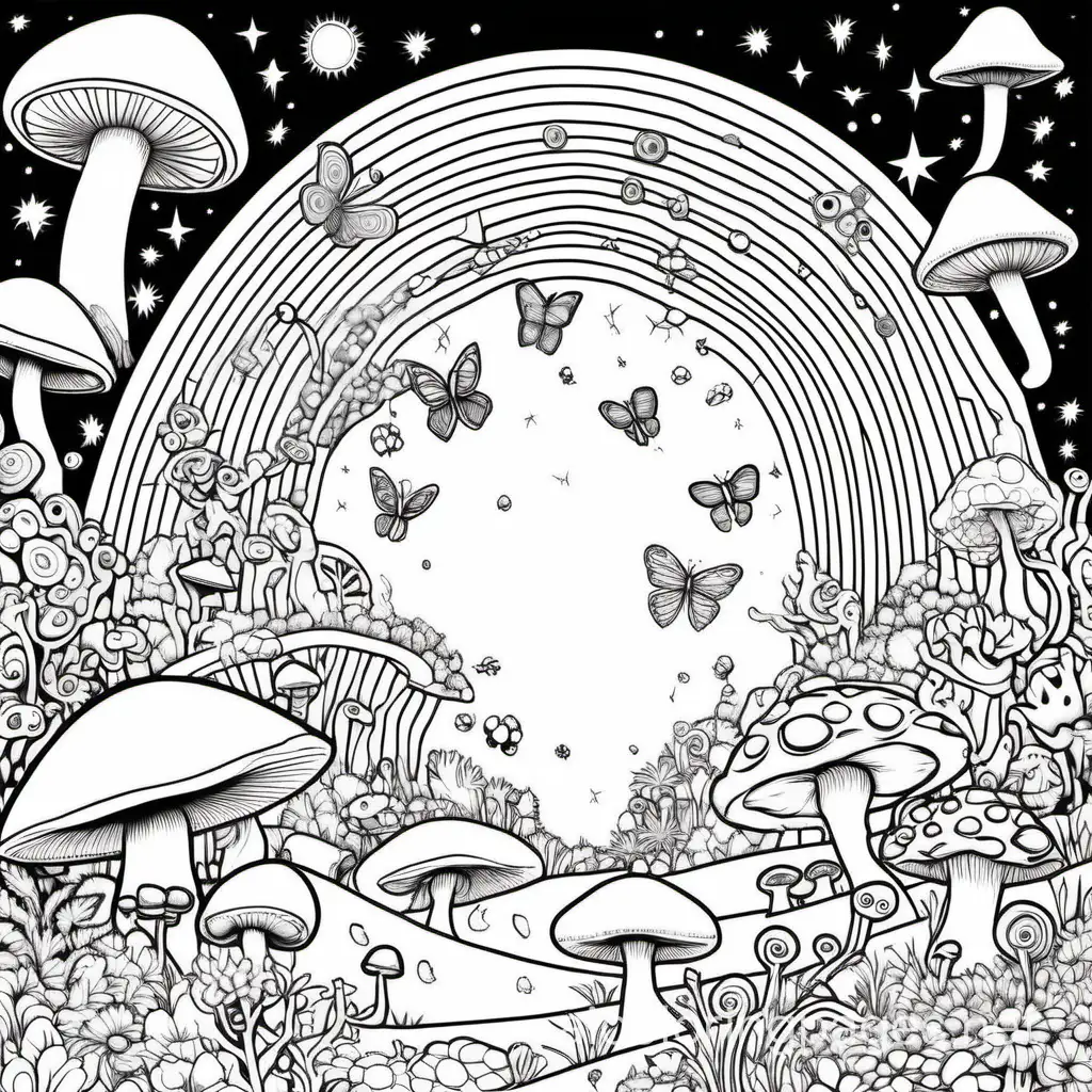 Psychedelic outer space background with butterflies and rainbows mushrooms and flowers aliens, Coloring Page, black and white, line art, white background, Simplicity, Ample White Space. The background of the coloring page is plain white to make it easy for young children to color within the lines. The outlines of all the subjects are easy to distinguish, making it simple for kids to color without too much difficulty