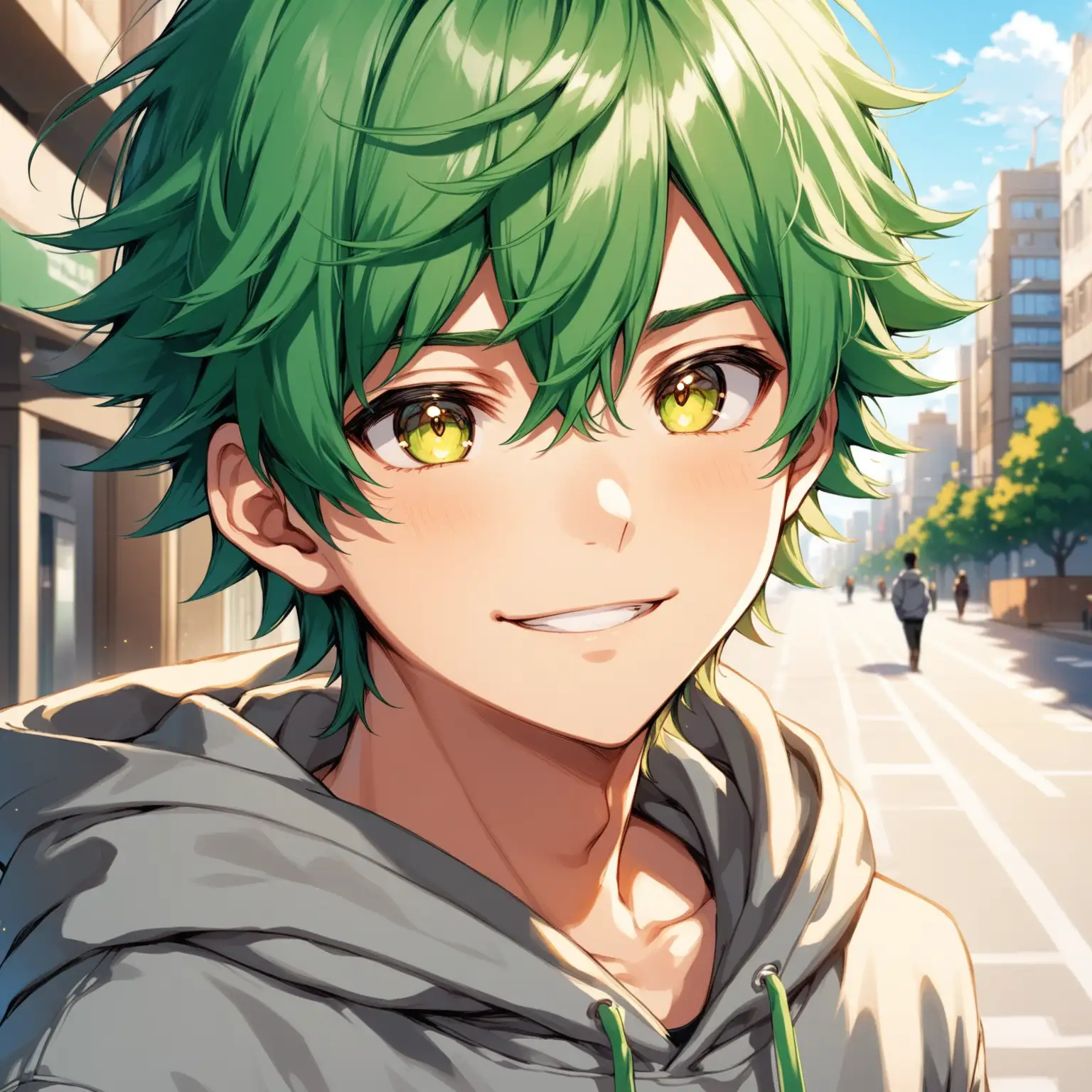 Cute Anime Boy with Wavy Green Hair Smiling in Urban Setting