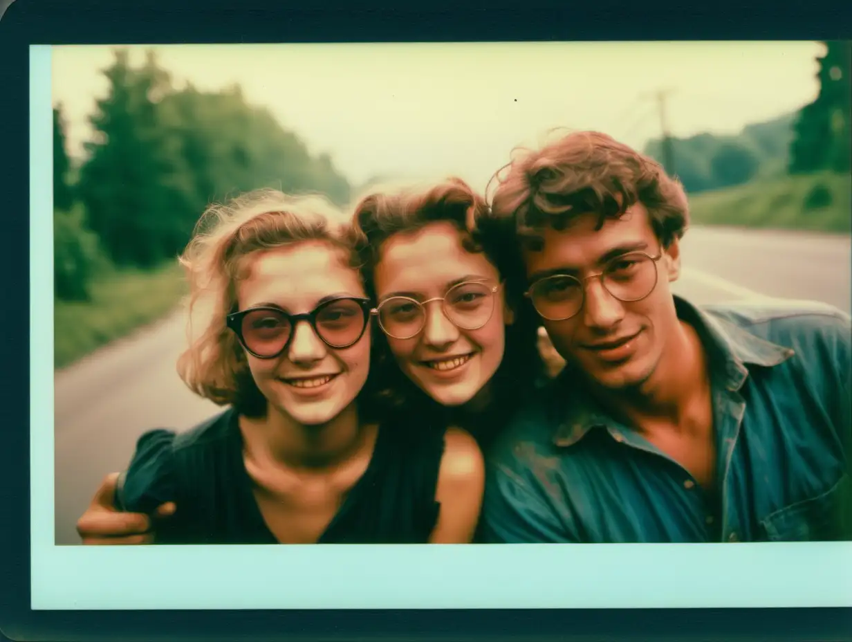 a polaroid capture of young lovers happy on the car bonnet, man is coal miner, woman in glasses, late 1980s hungary, flash photography --ar 2:1