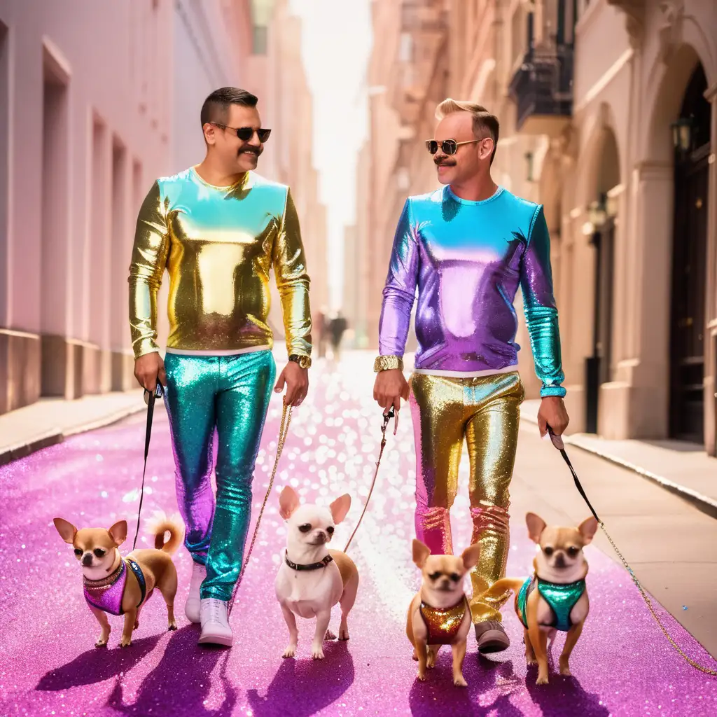 Stylish Gay Couple Walking Two GlitterAdorned Chihuahuas