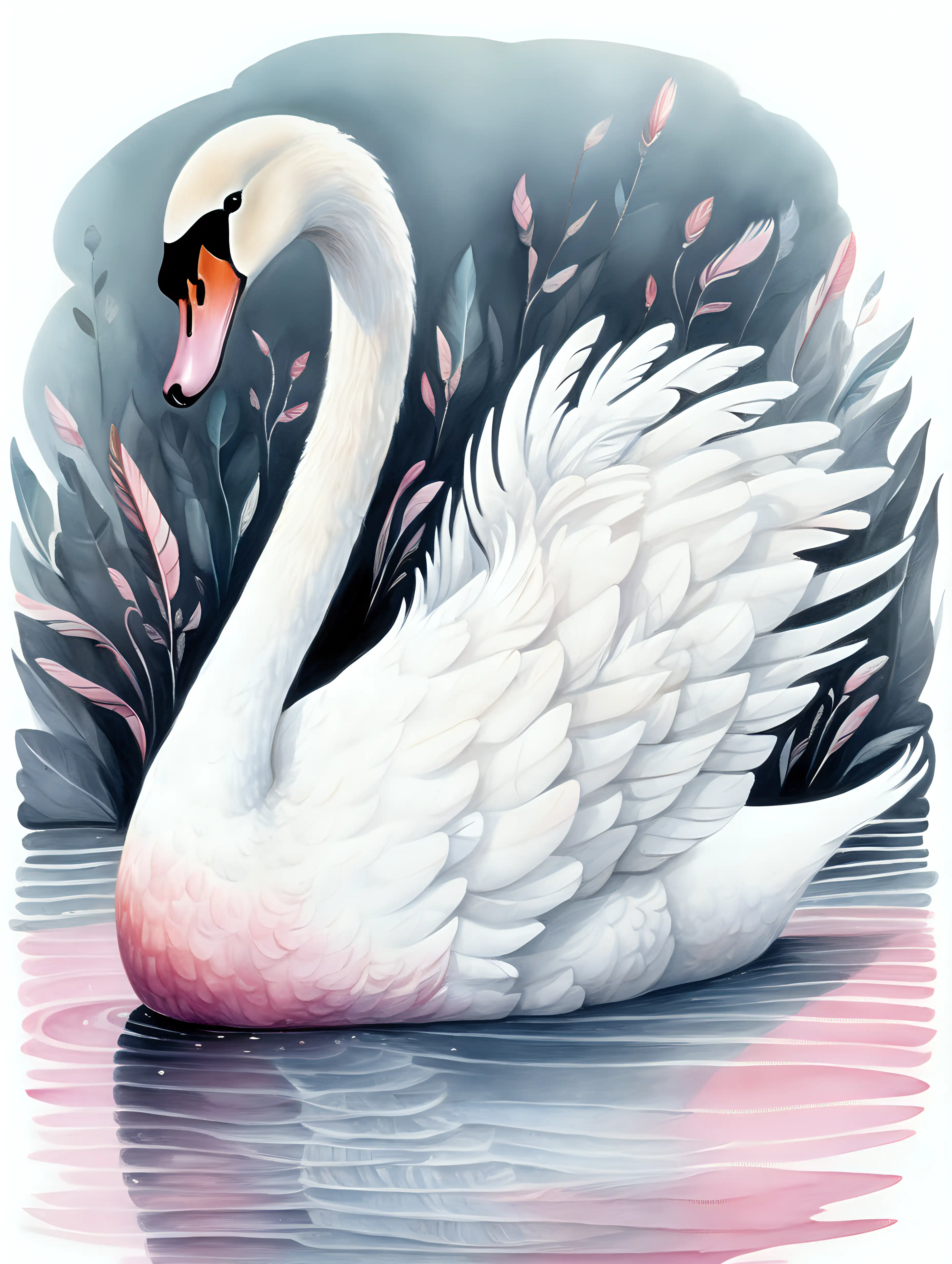 cute, whimsical, jon mcnaught, feathery white swan , with  pink beak, isolated on a white background, watercolor style.