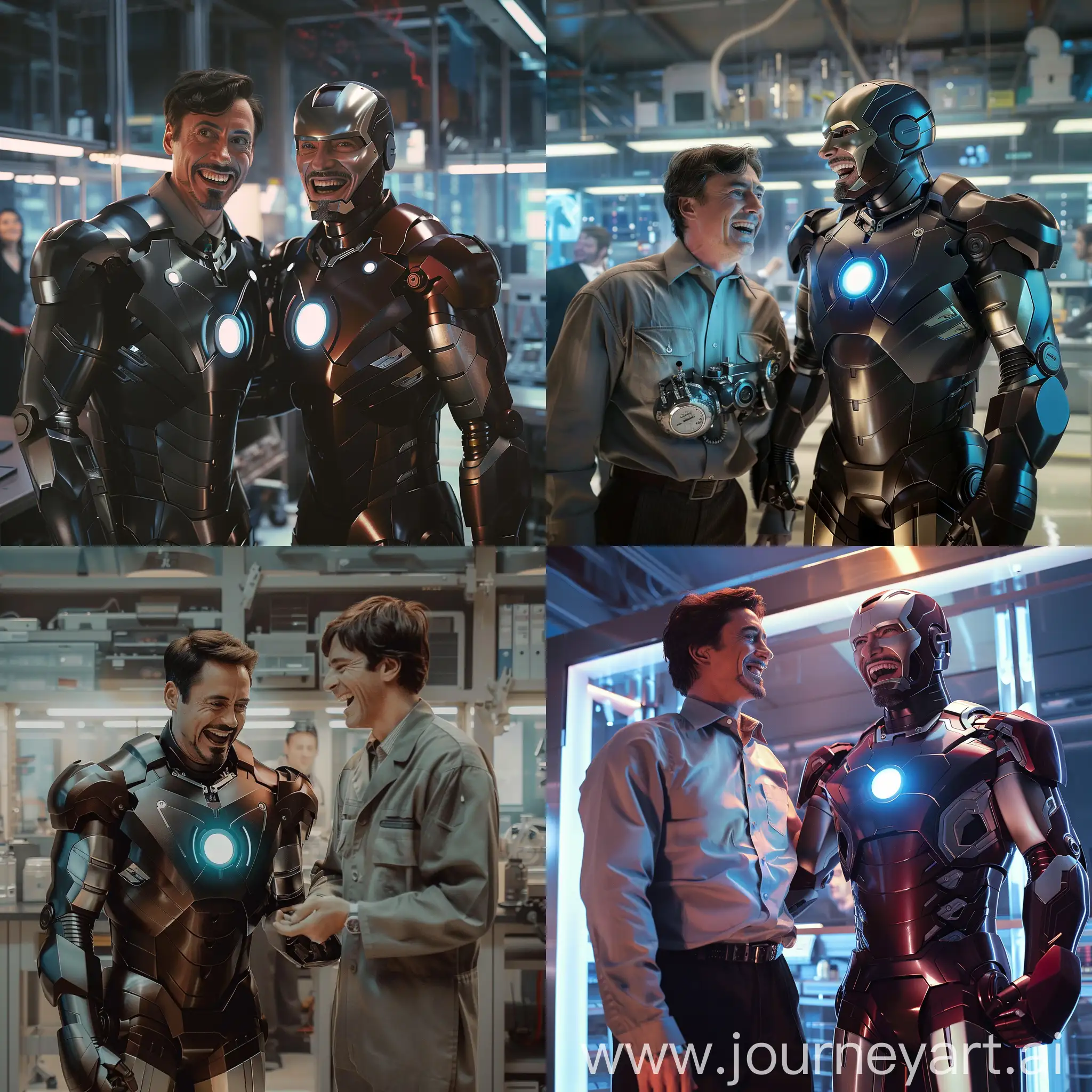 !mj1 Tony Stark in Iron Man suit standing beside Cillian Murphy as J. Robert Oppenheimer, friends dynamic pose, sharing a laugh, high-tech lab background, cinematic, for iPhone wallpaper, cool tones, metallic gloss on armor, dramatic backlighting, detailed facial expressions, engaging --ar 9:16 --s 300 --v 6 --chaos 15