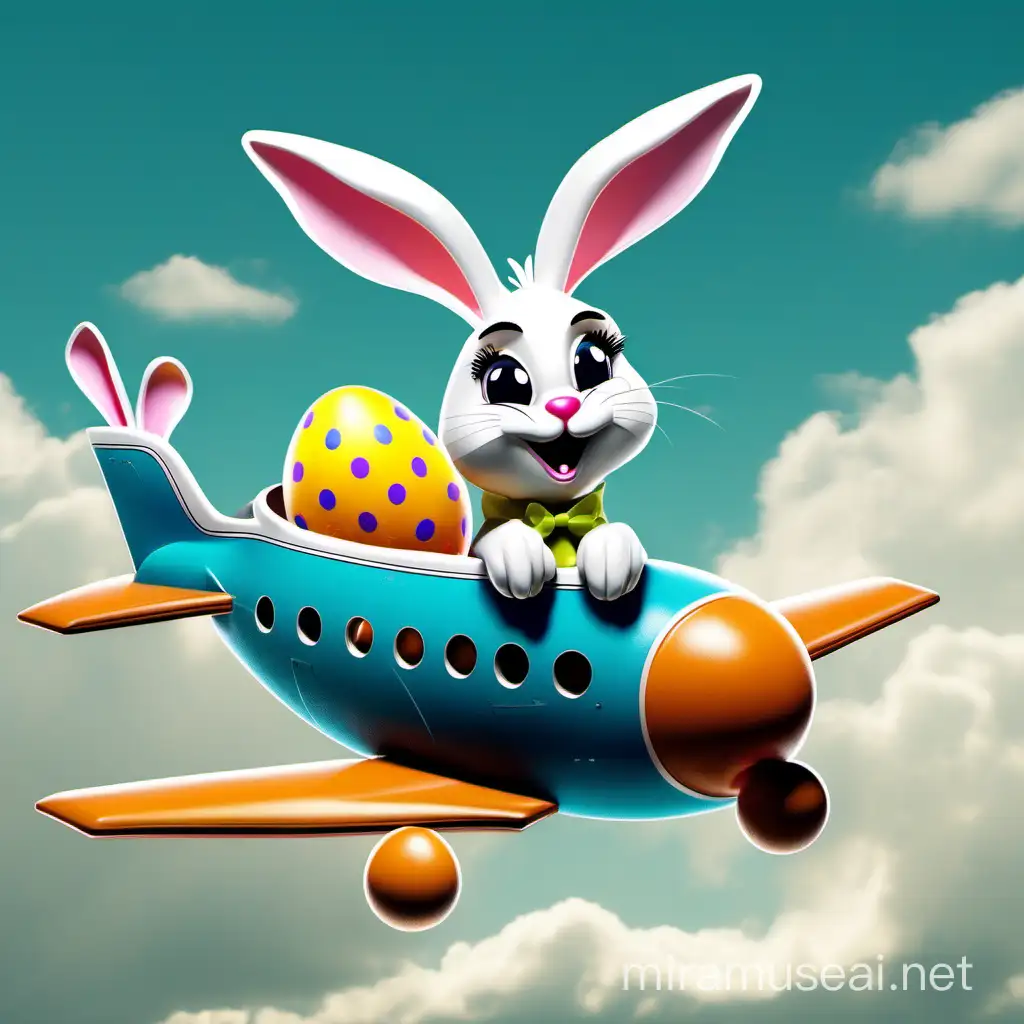 Easter Bunny Flying with Colorful Eggs on Airplane