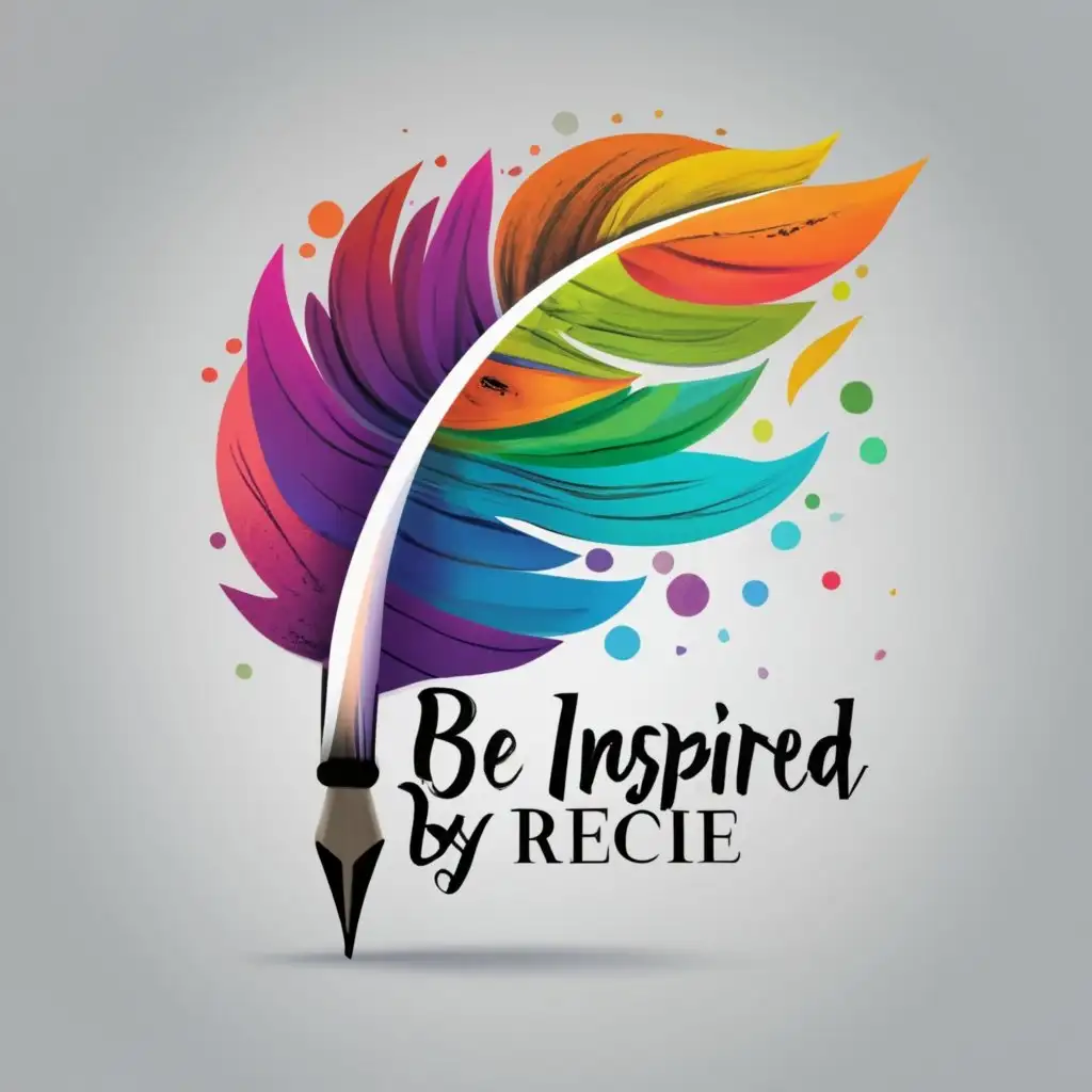 logo, A quill pen with colorful feathers. , with the text "BE INSPIRED BY RECIE", typography, be used in Entertainment industry