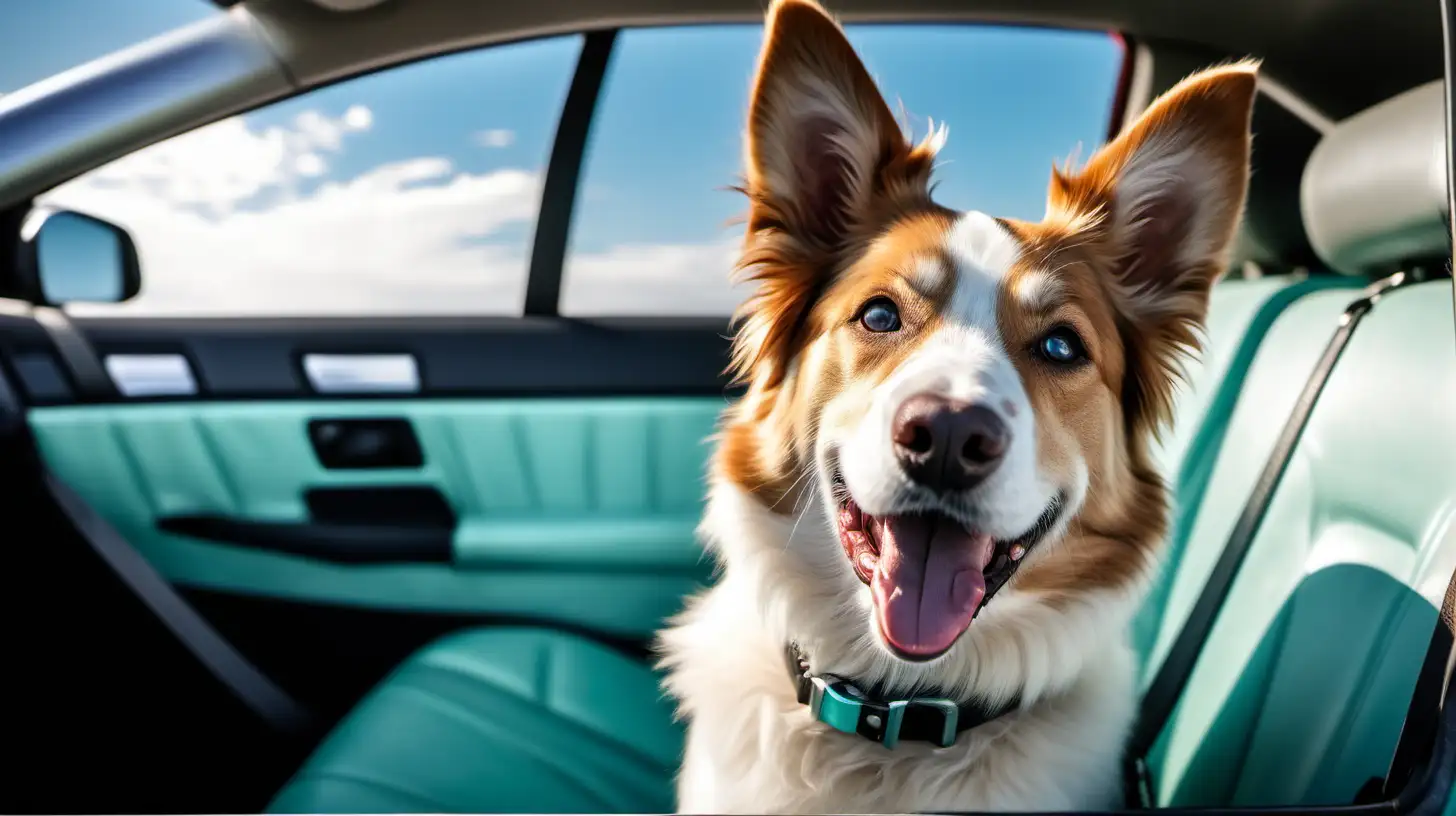 a happy dog traveling at the rear seat of a car in Australia. Dominant colors shall be light sky bluish, mint, white with a touch of bright colors