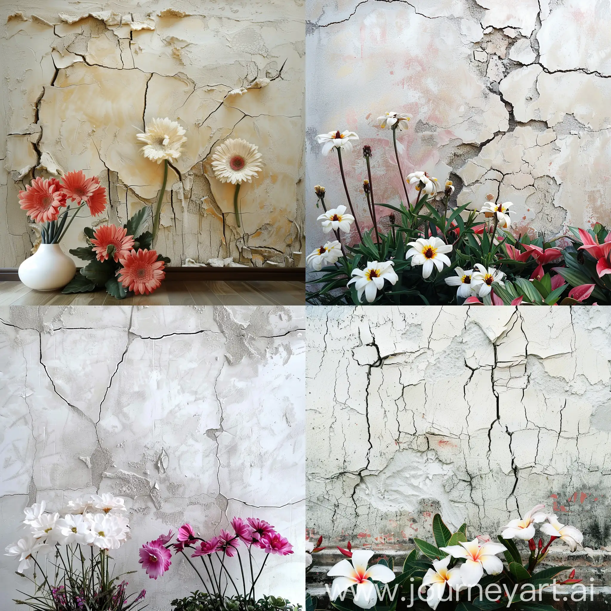 plaster wall with breaking-off pieces and cracks, textured, big ping flowers in front of the wall