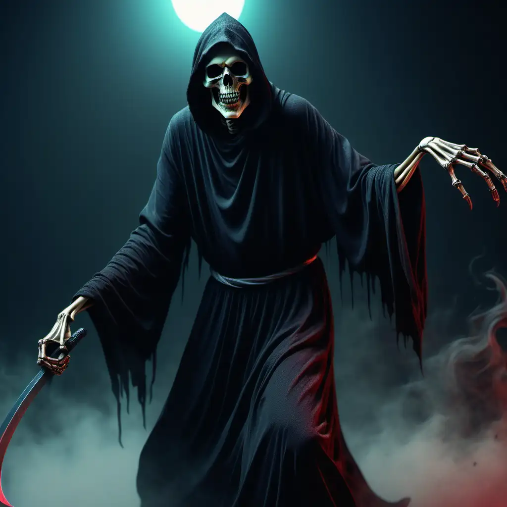 Dynamic 8K HD Image of the Grim Reaper in Motion with Vibrant Colors