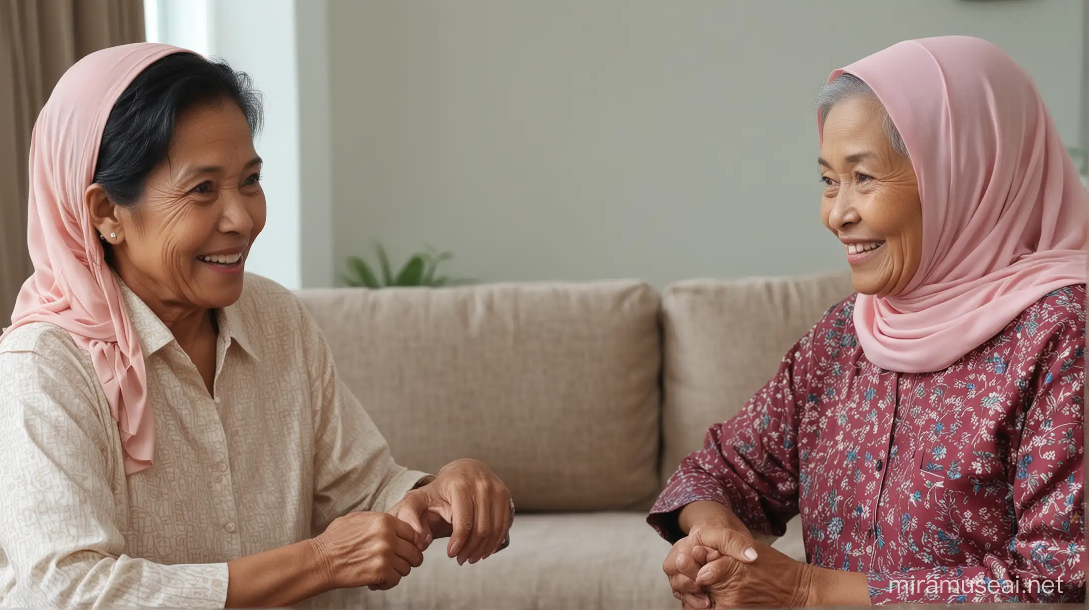  two malay old women chatting at home