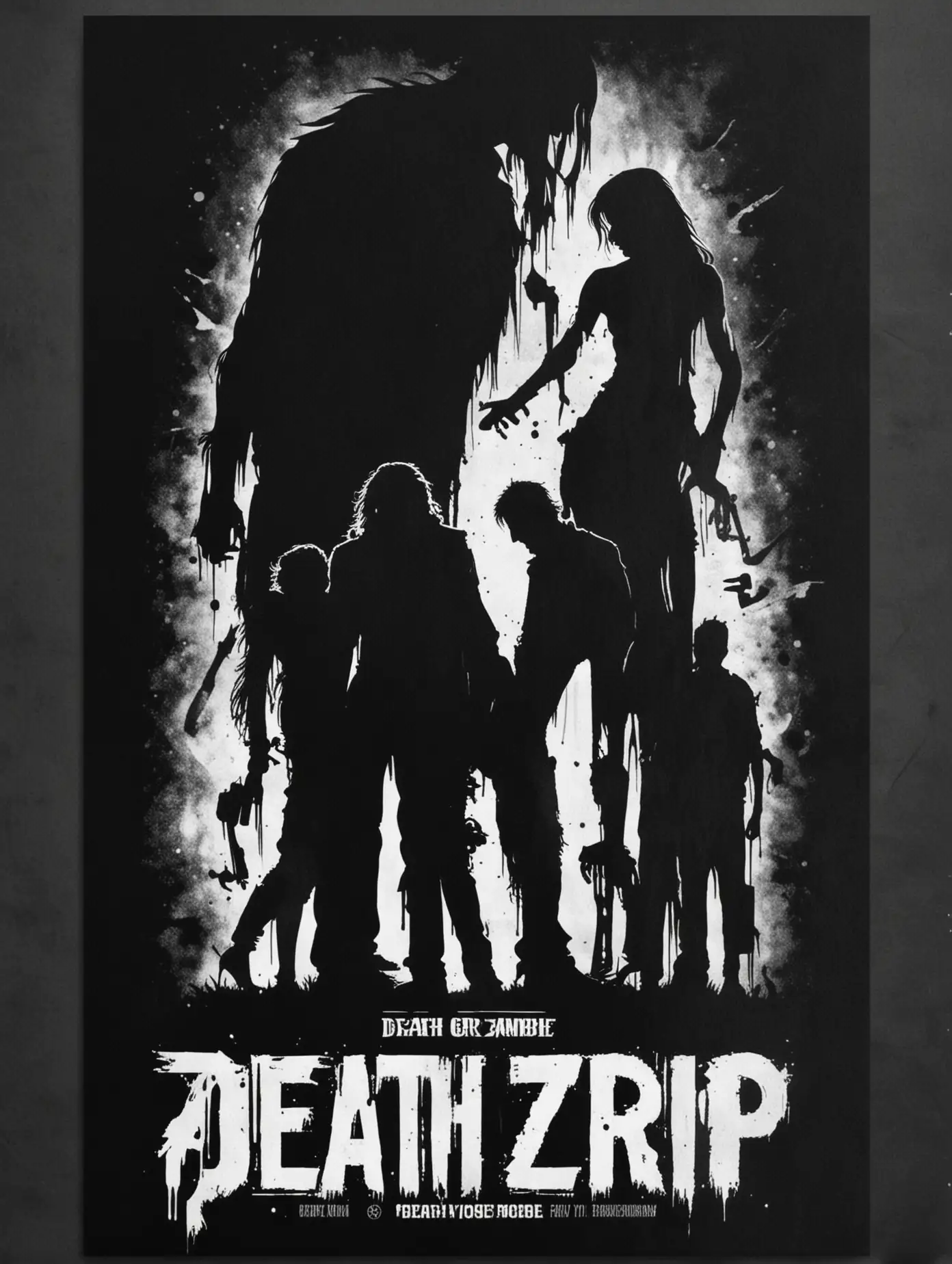 stencil, minimalist, simple, vector art, black and white, silhouette, negative space, grindhouse zombie movie poster, "Death Grip"