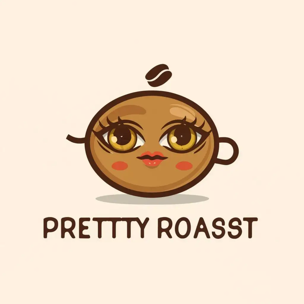 logo, Beautiful coffee bean with eyes and eyelashes and lips, with the text "Pretty roast", typography, be used in a coffee shop front. The bean is cute and petite but beautiful