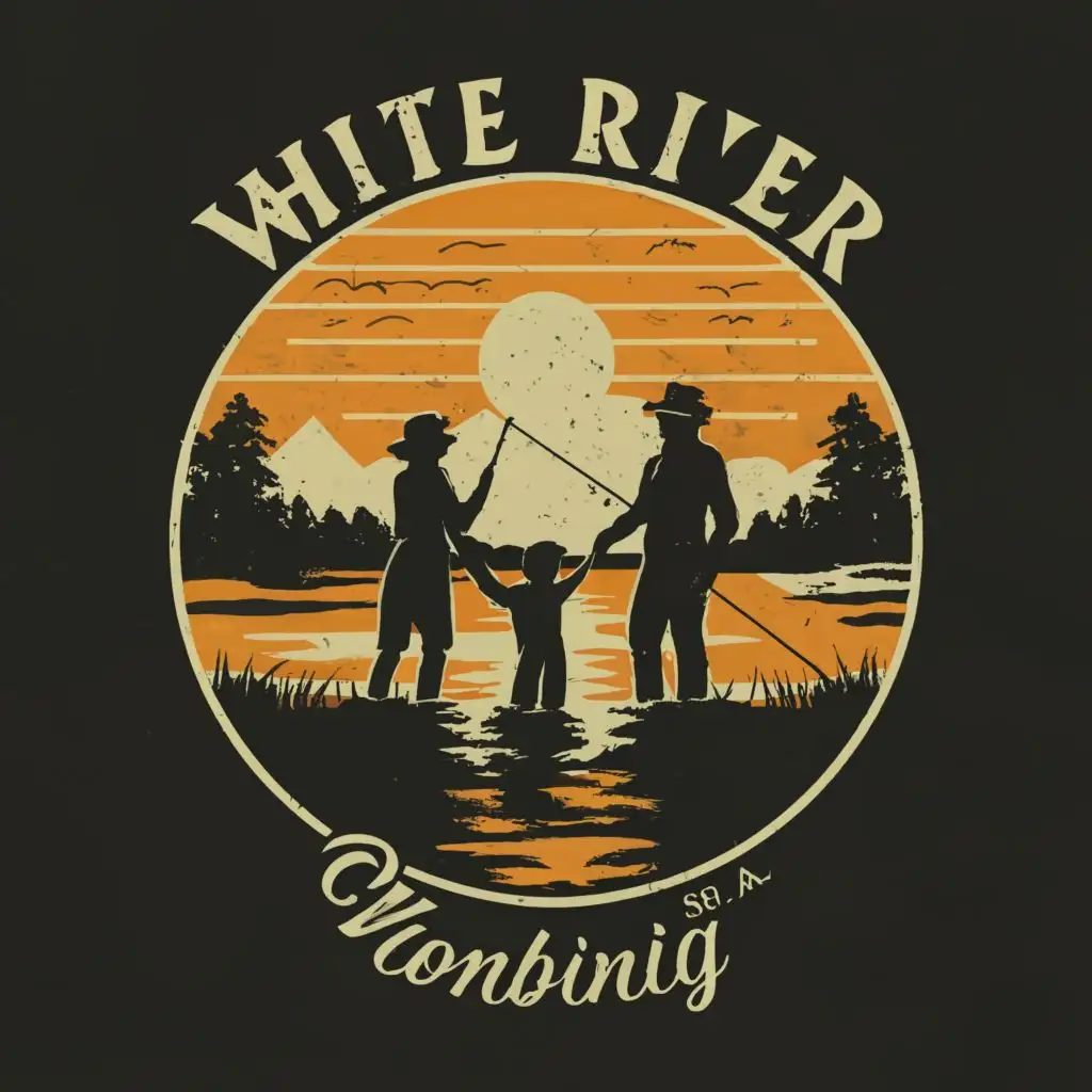 logo, A family with buckets and fishing rods a shadow logo retro, with the text "White river", typography, be used in Travel industry