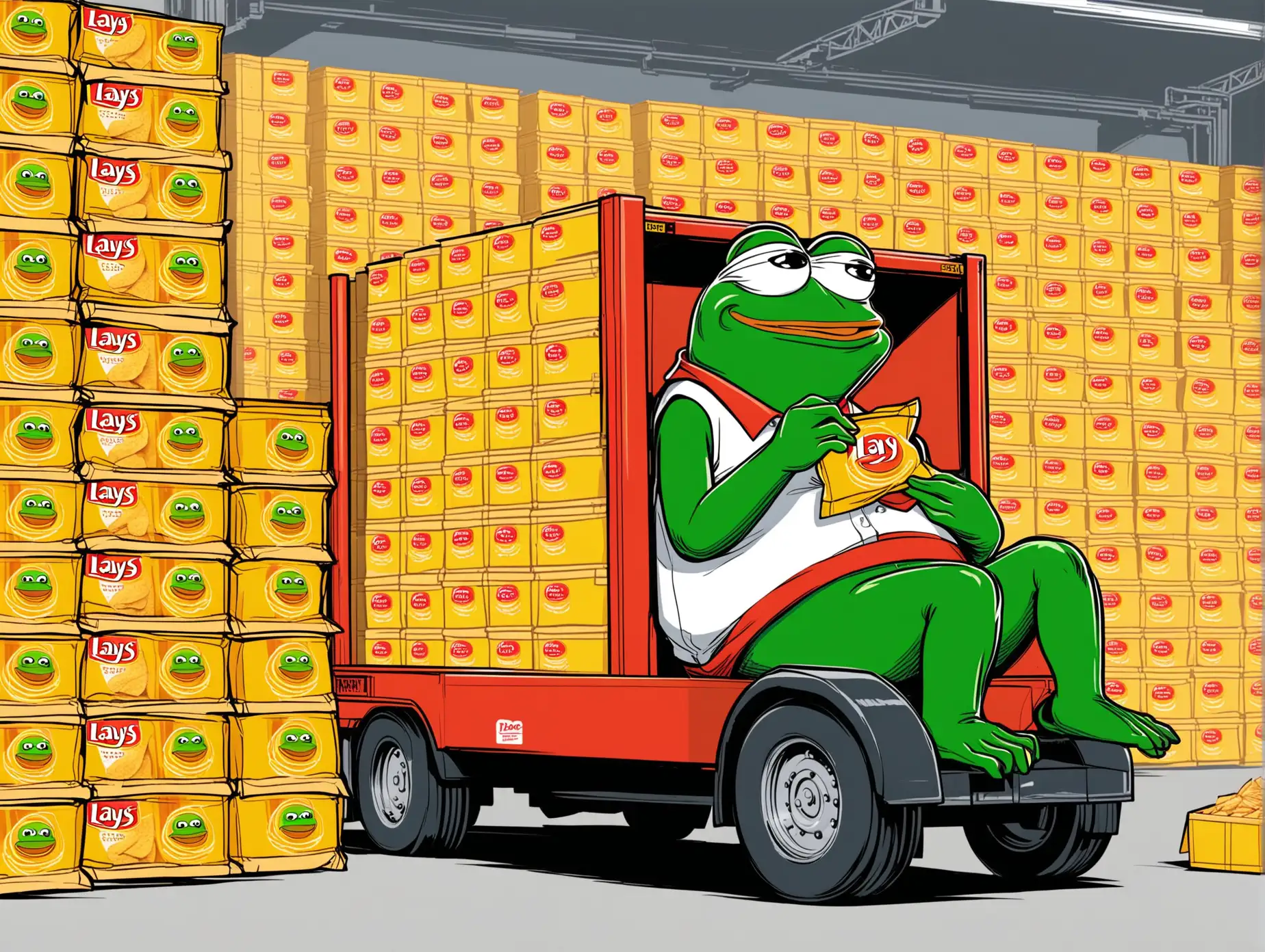 Pepe the Frog is at work, he's a loader. Pepe is loading a truck with Lays chips, sweating and trying hard.
Pepe is clad in a uniform jacket, loading up a Lays warehouse. He is carefully stacking boxes of chips into the truck, his face is a reflection of diligence and focus on his work.
The scene could be colored in Lays corporate colors - yellow and red. The background might be filled with details, such as other boxes of chips, conveyors, and sorting equipment. Pepe might be portrayed with a cart or a forklift.